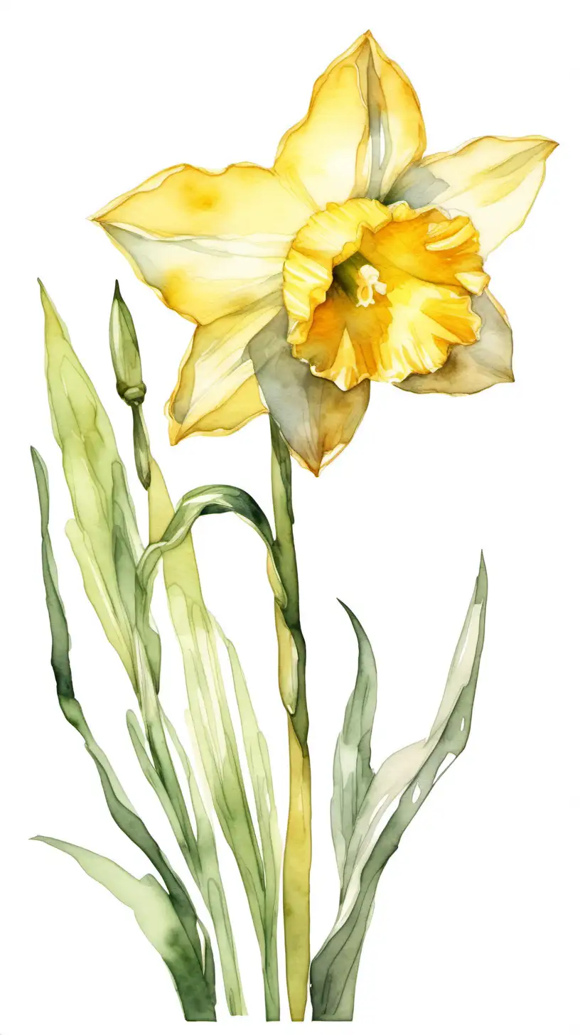 Neutral Watercolor clipart of a Daffodil in bloom, long stem, white background