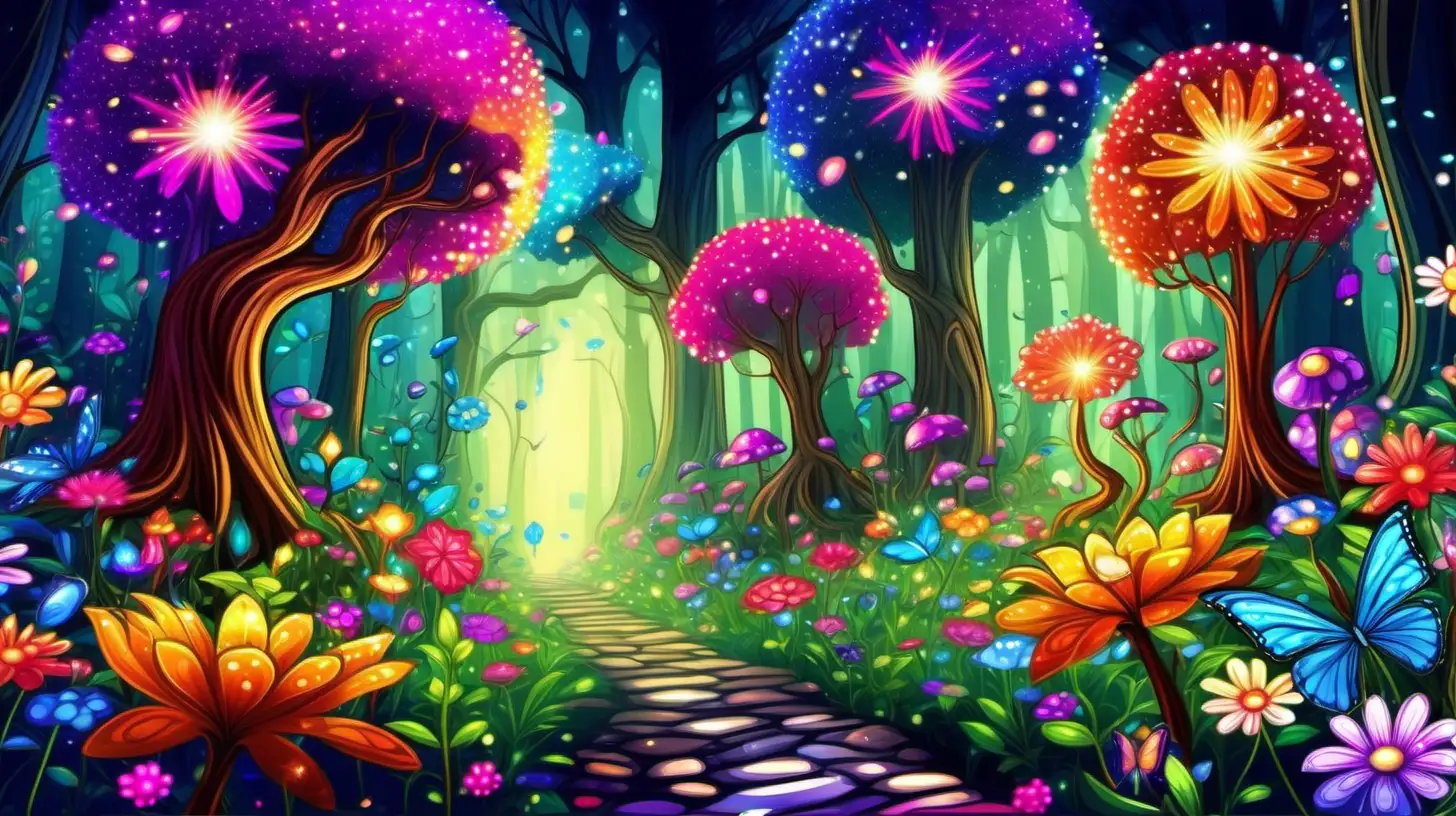 in cartoon style, a magical garden filled with extraordinary flowers that sparkle shimmery glitter vibrant colors in an ancient magical enchanted forest, giant trees, beautiful flowers, with lots of vibrant color, a dynamic scene