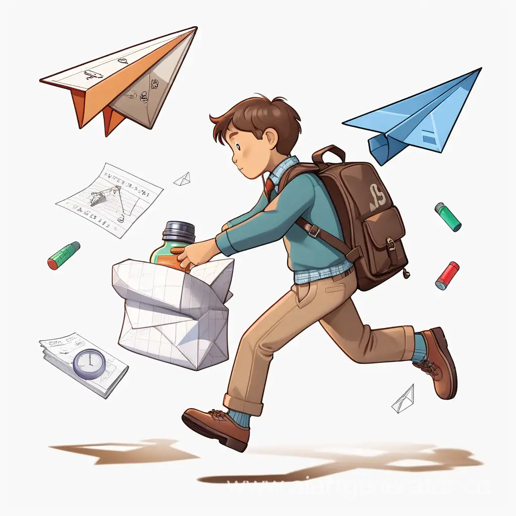 Школьник летит на бумажном самолете в клеточку и с цифрами у школьника на спине рюкзак и виарочки