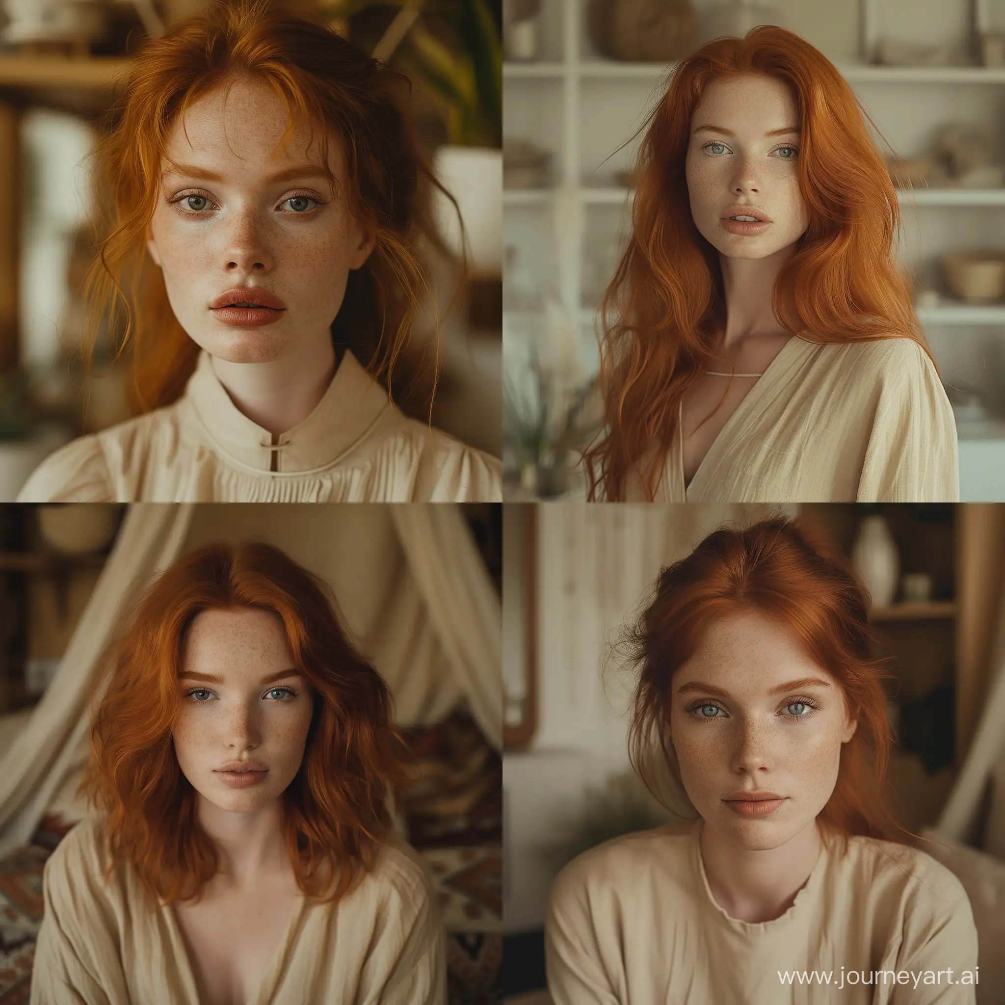 cinematic symmetrical close-up portrait shoot of a red-haired woman in a boho-inspired home, wearing minimalistic beige clothes, anamorphic lens, ultra realistic, hyper detailed, warm