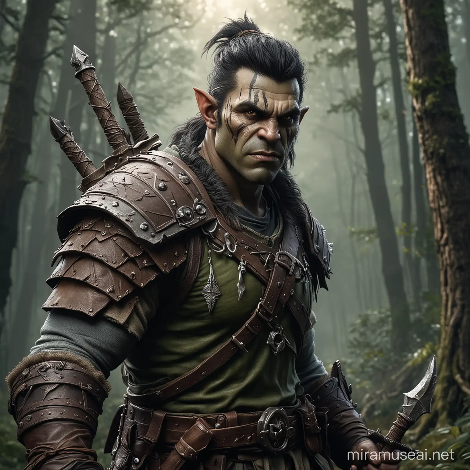 male half-orc dromaar ranger, wielding a warpick and a light pick, Digital Art, Intricate, Hyperdetailed, Dramatic Lighting, Hyperrealism, Fantasy Art, Beautiful, Hyperdetailed, Detailed, Intricate, Photorealistic, dark fantasy, forest in the background