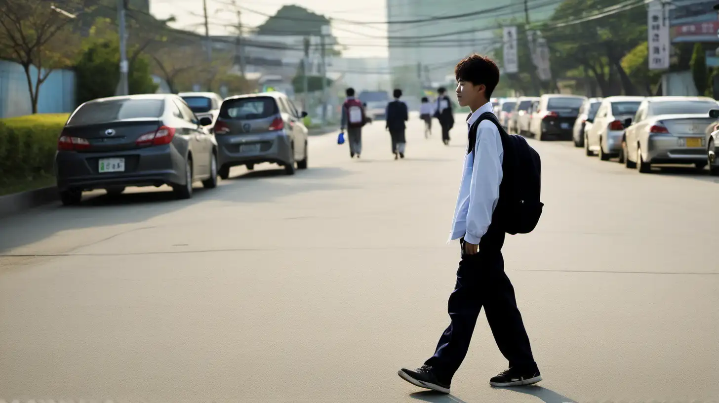 Korean Teen Commuting Home from School in Urban Setting