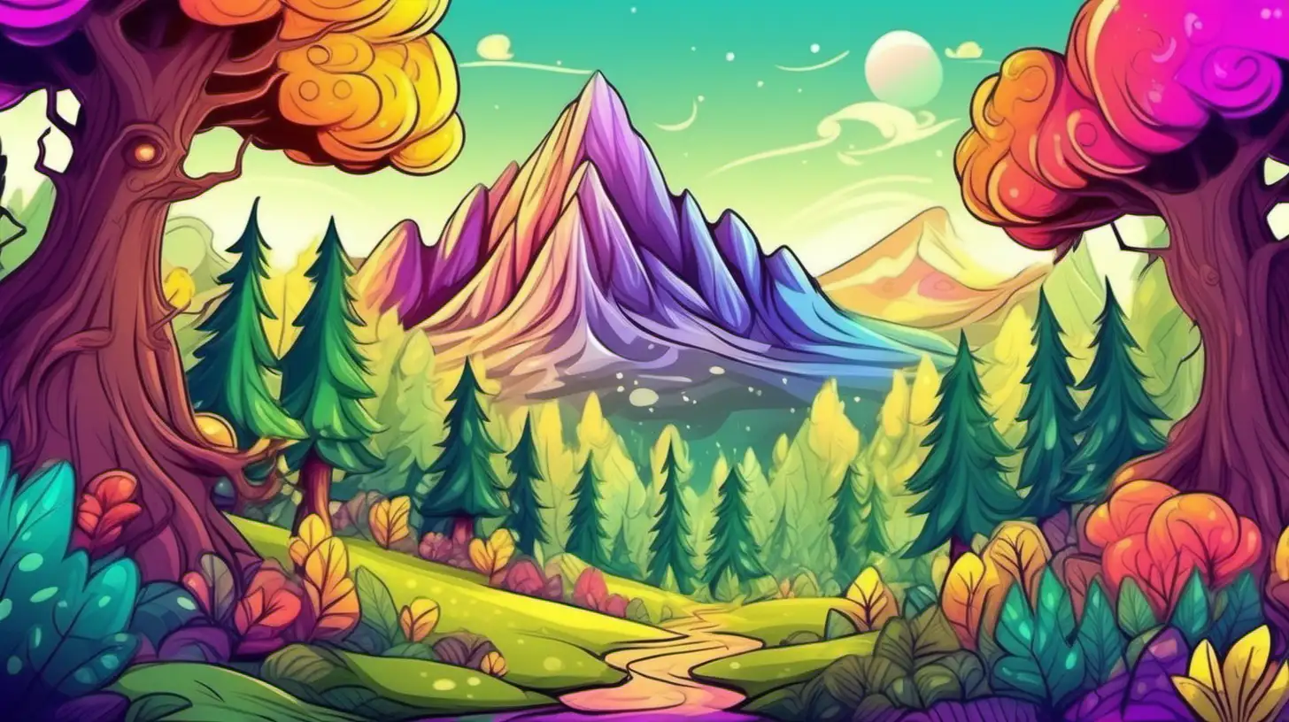 beautiful colorful scene of a fairytale magical forest with a big mountain in fun cute cartoon style