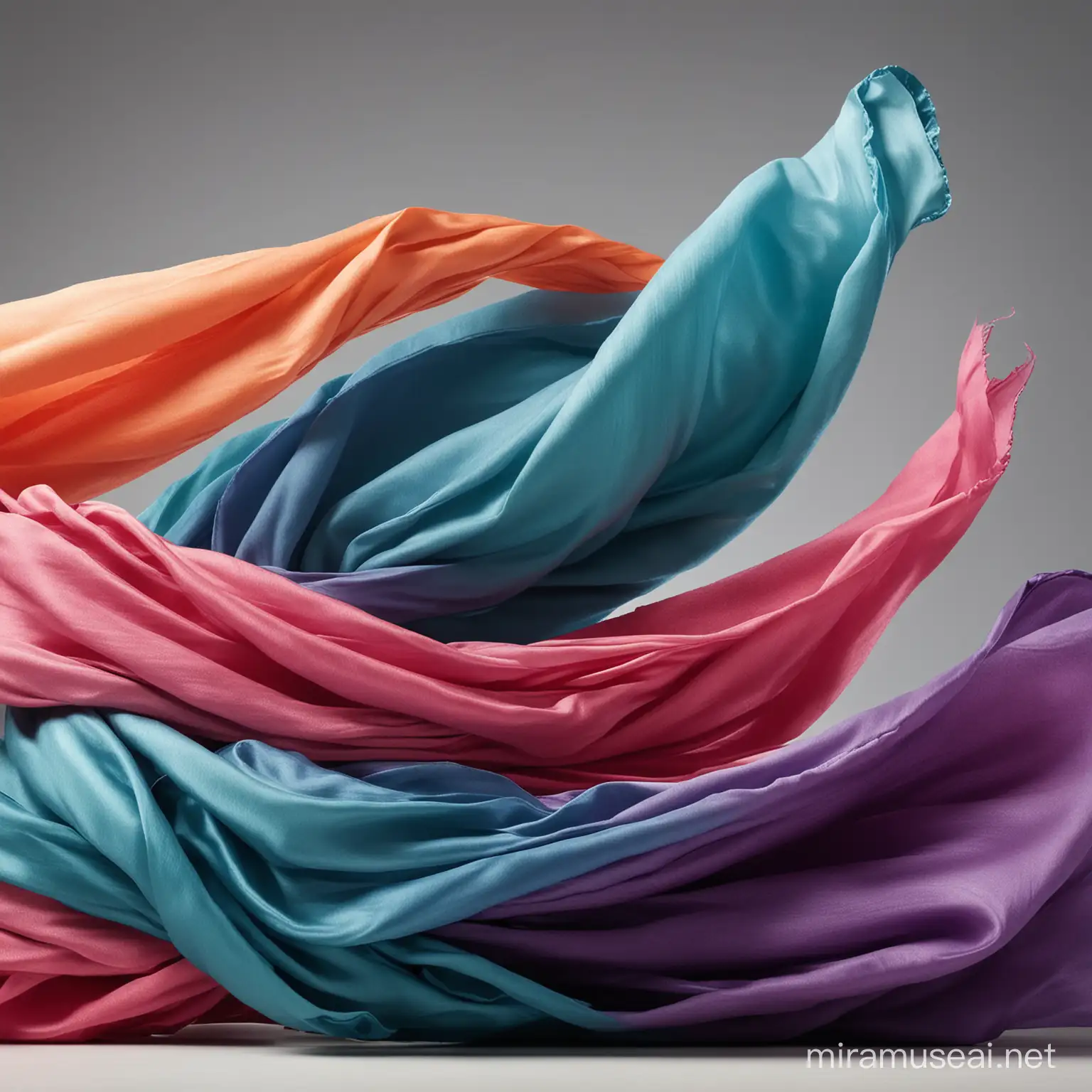 close up photo of 4 large different colored fabric blowing in the wind. Photo taken in a studio. 
