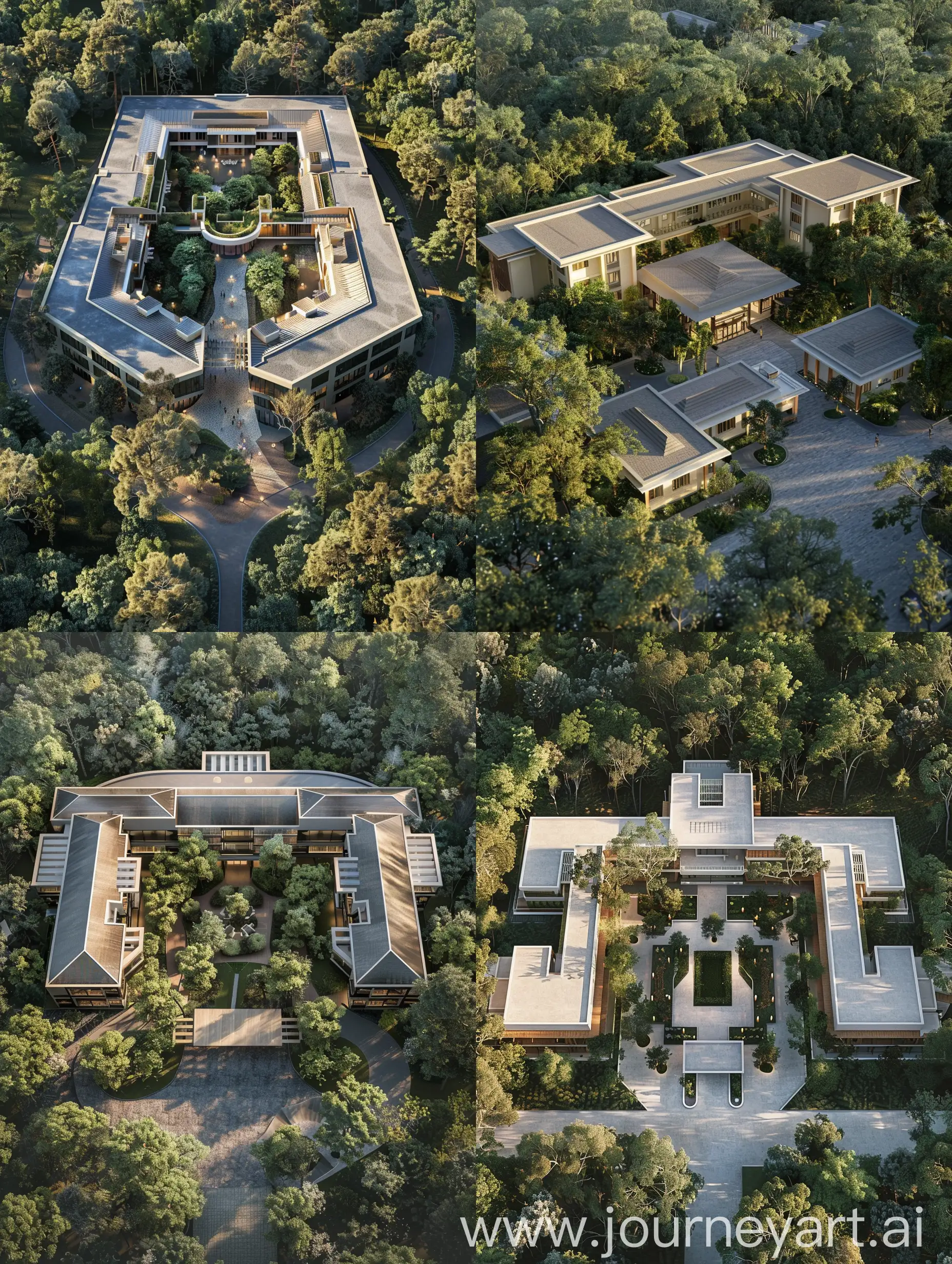 hyper realistic aerial view of a contemporary assisted living home for thirty people spanning three floors with a port cochere and central courtyard on one acre of land surrounded by trees