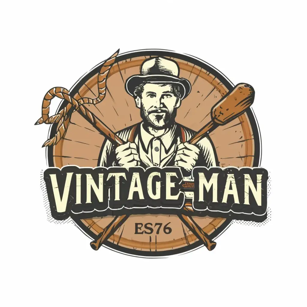 logo, man with a hat and wood stick, with the text "Vintage Man", typography