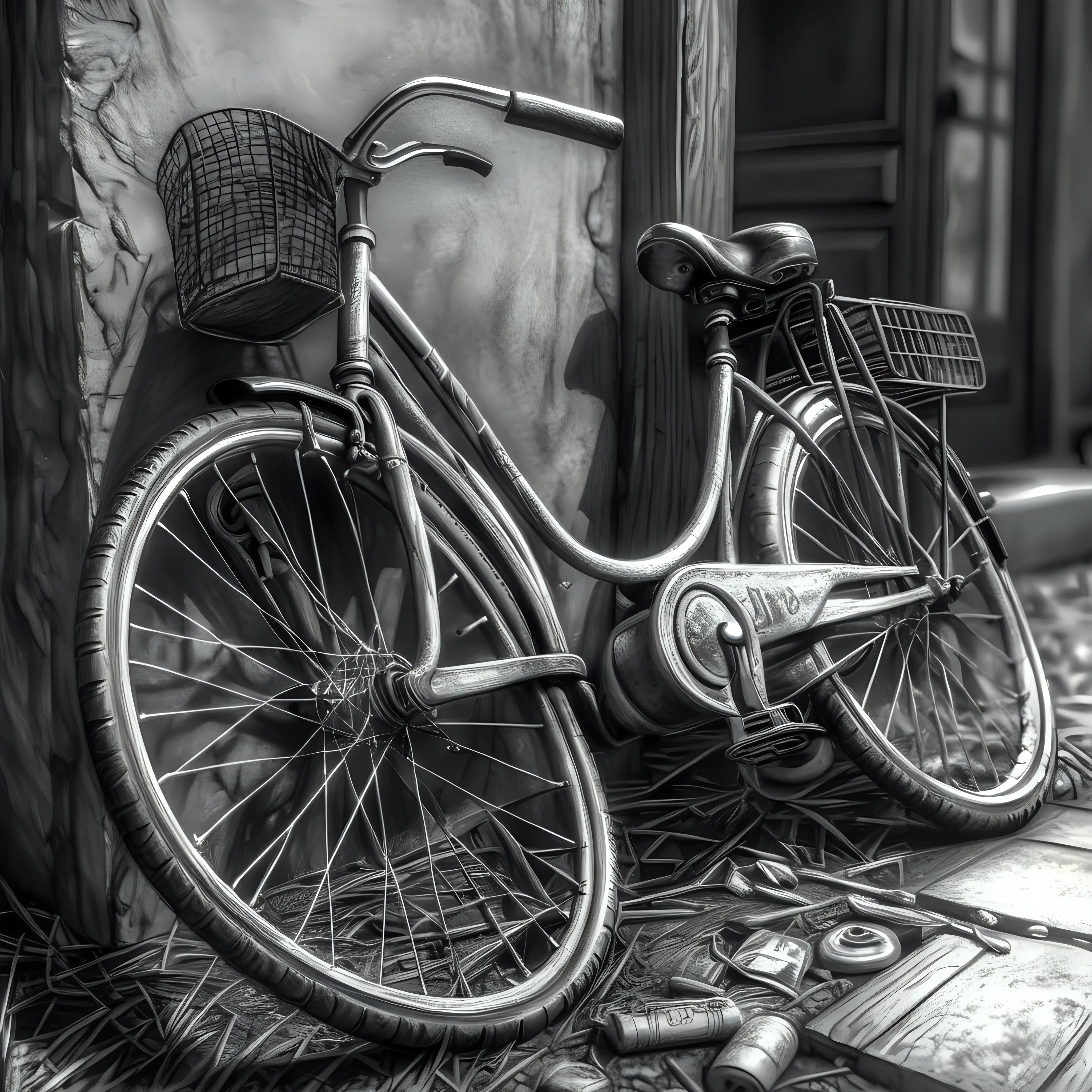 Charcoal sketch art of an old and abandon bicycle on the roadside, intricate details, hyper realistic photography,--v 5, unreal engine,