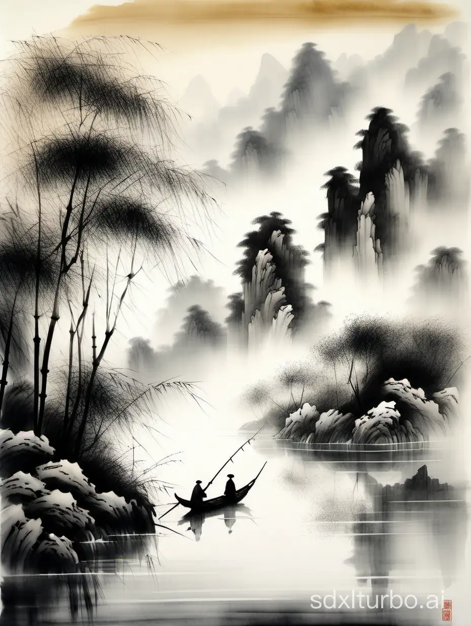 A tranquil riverside scene at dawn, with misty mountains in the background, a solitary fisherman in a bamboo boat, and willow trees gently swaying in the breeze. The scene is inspired by the serenity and natural beauty described in ancient Chinese poetry.        **Art Form:** Traditional Chinese ink wash painting by Zhang Daqian, using a panoramic framing technique, with a soft-focus lens to capture the ethereal atmosphere.