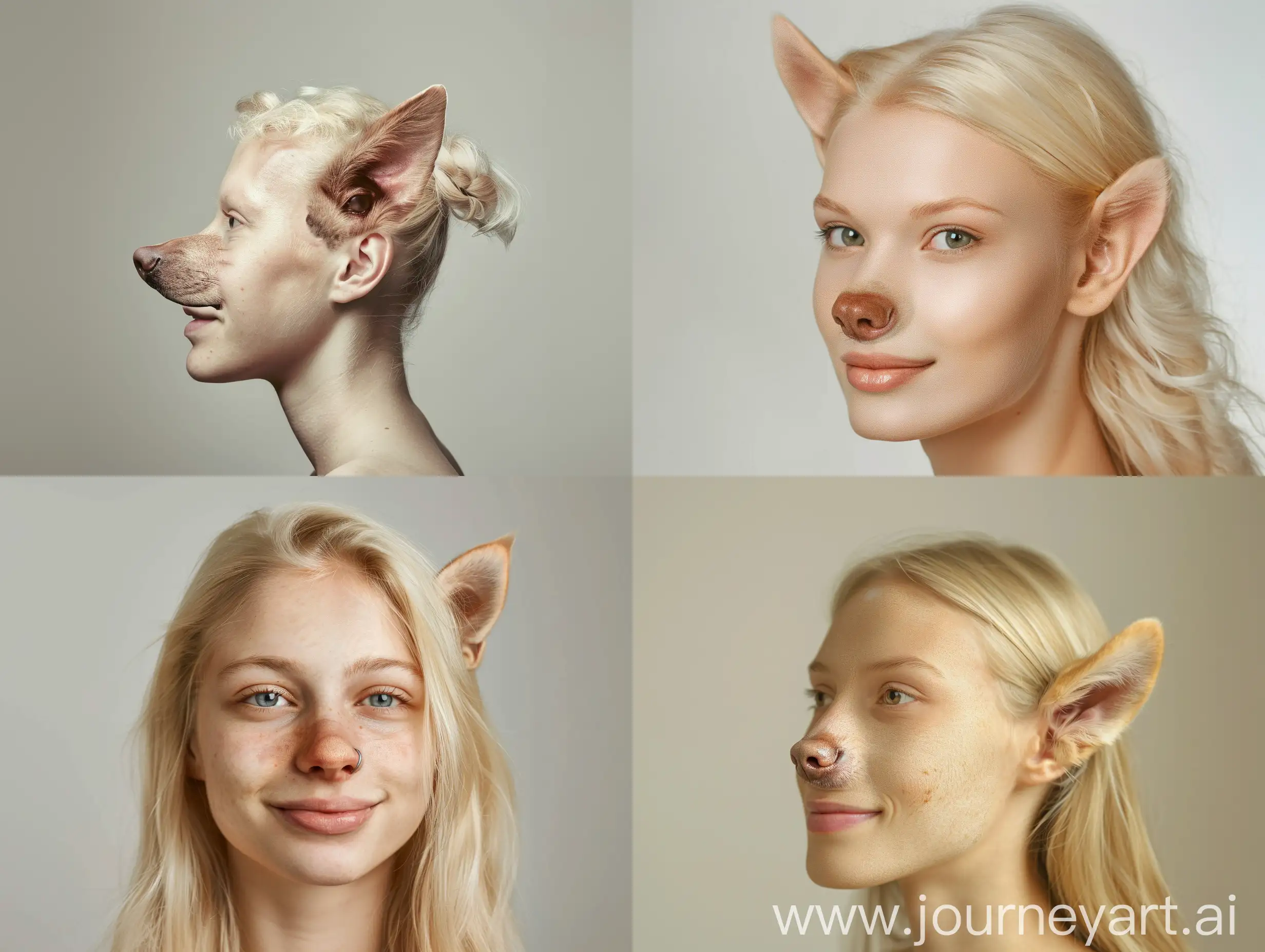 photo of a blonde European female model. her nose is transitioned to a dog nose but she only has clean human skin and sharp ear. Happy expression.