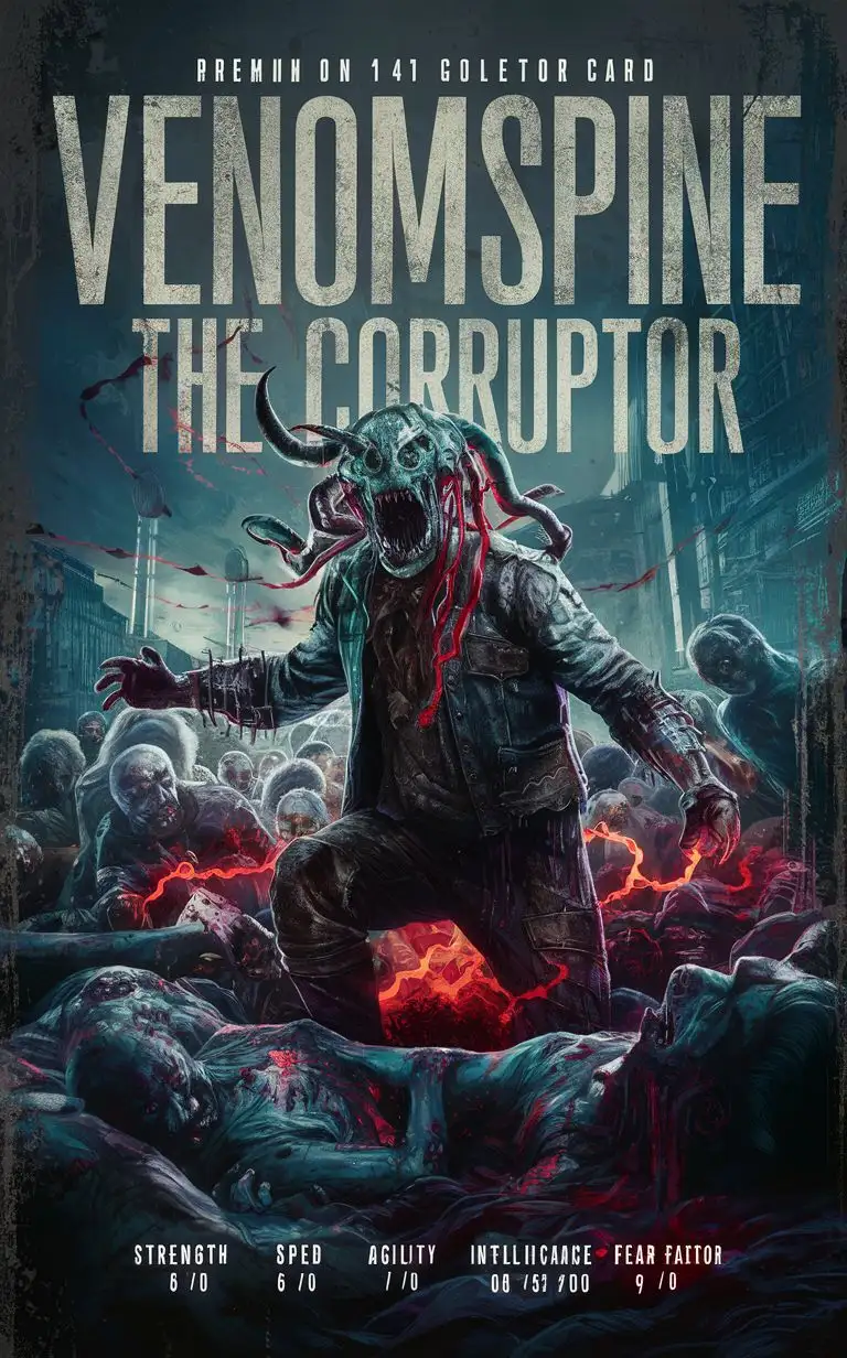 grunge border add bold text""Venomspine the Corruptor"" complex zombie apocalypse card include name "Venomspine the Corruptor" gold edition anime card include stats"Strength: 8/10""Speed: 6/10""Agility: 5/10""Intelligence: 7/10""Fear Factor: 9/10" premium 14PT card stock authenticated breathtaking 8k 16k zombie apocalypse visuals--chaos 90 --testpfx