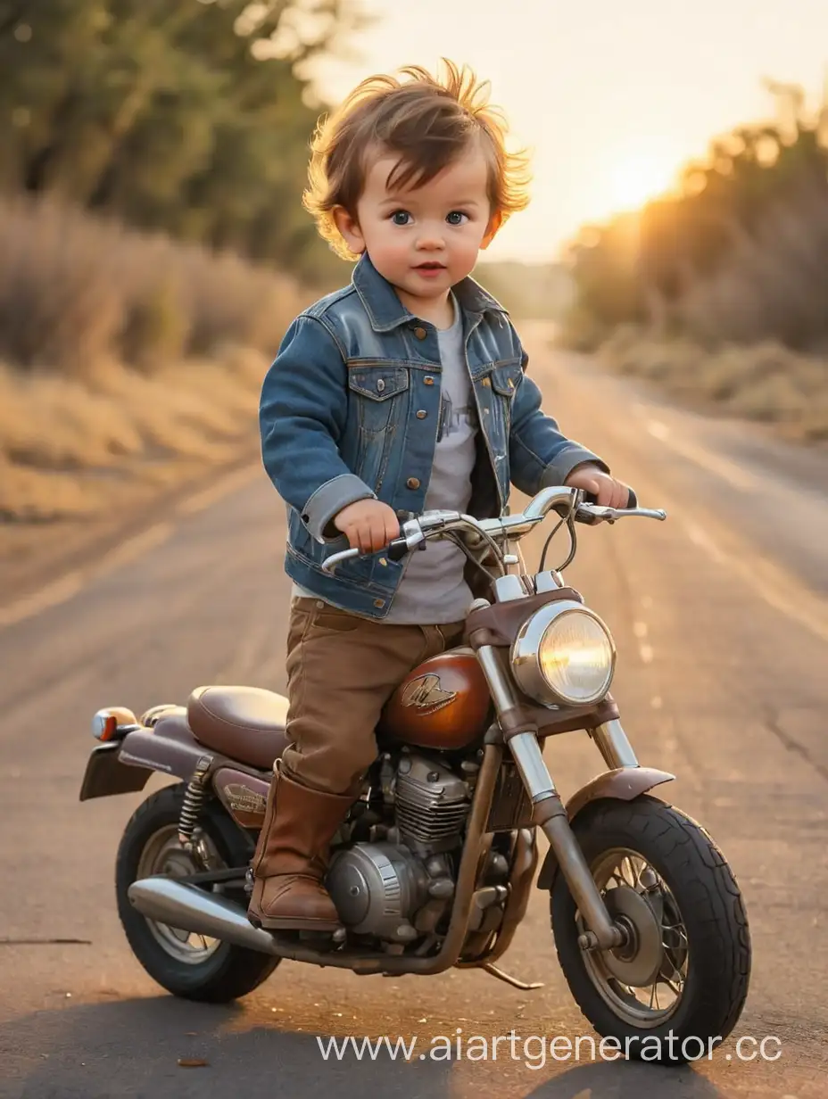 мальчик 1 год на мотоцикле, джинсовая куртка, коричневые штаны, ботинки, фон дорога закат мазки кисти