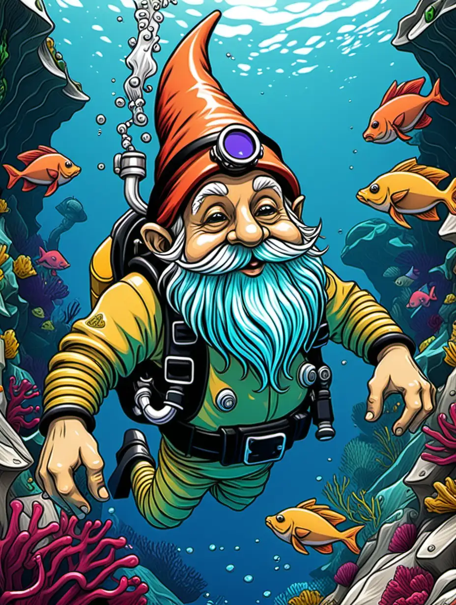illustration page, gnome scuba diving, thick lines, low detail, vivid color