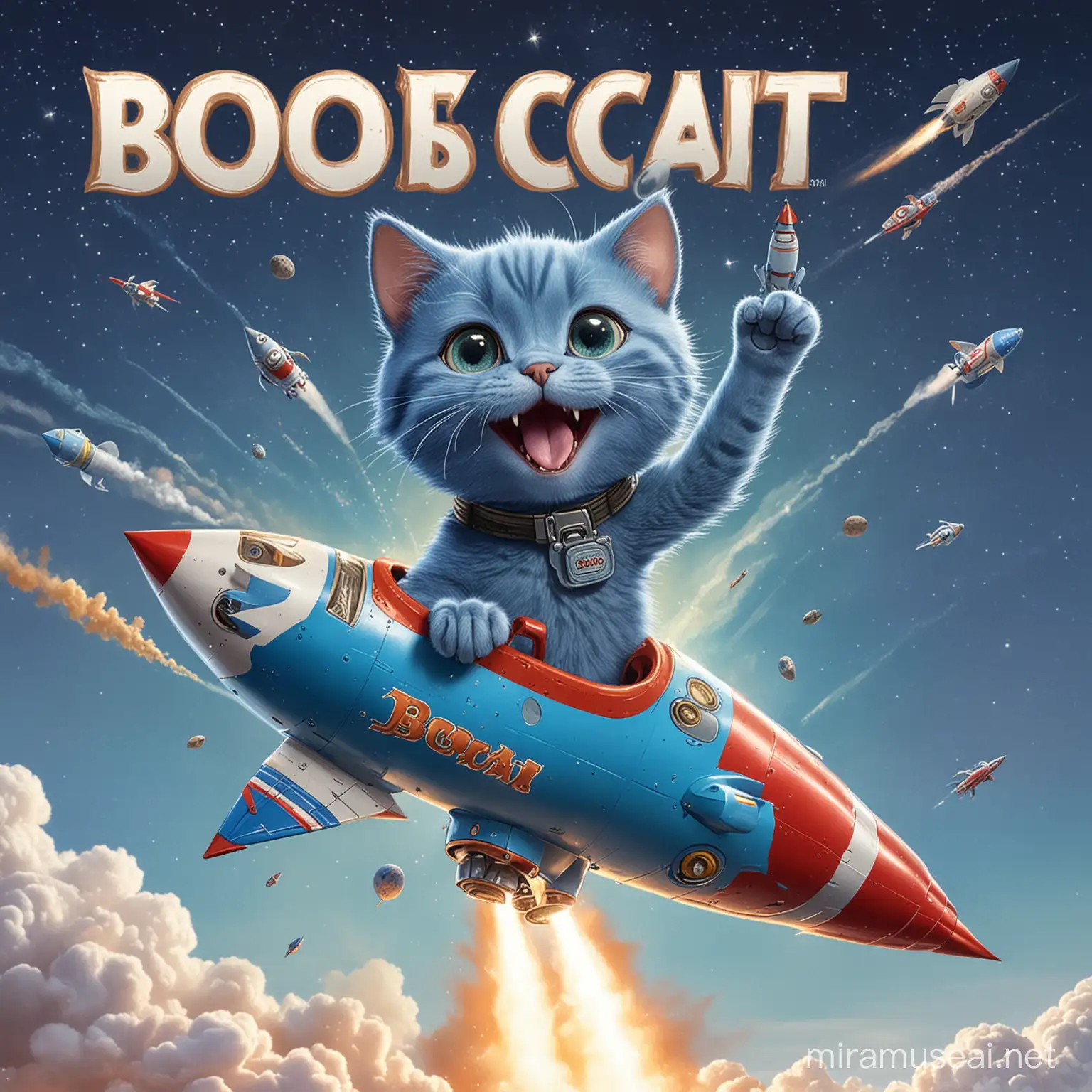 Playful Blue Cat Named Bob Cat Riding Rocket and Sticking Out Tongue