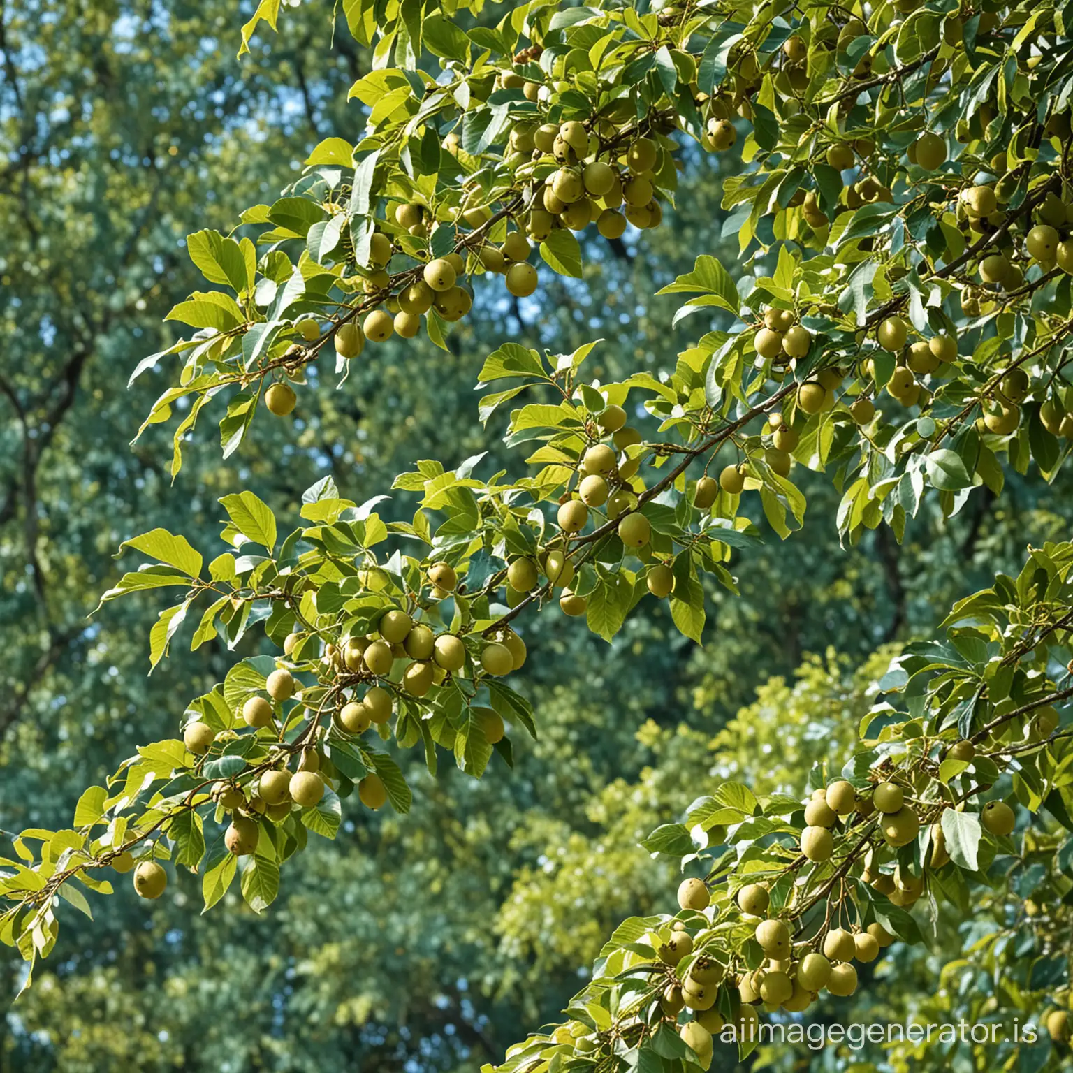 branches of walnut tree with fruits