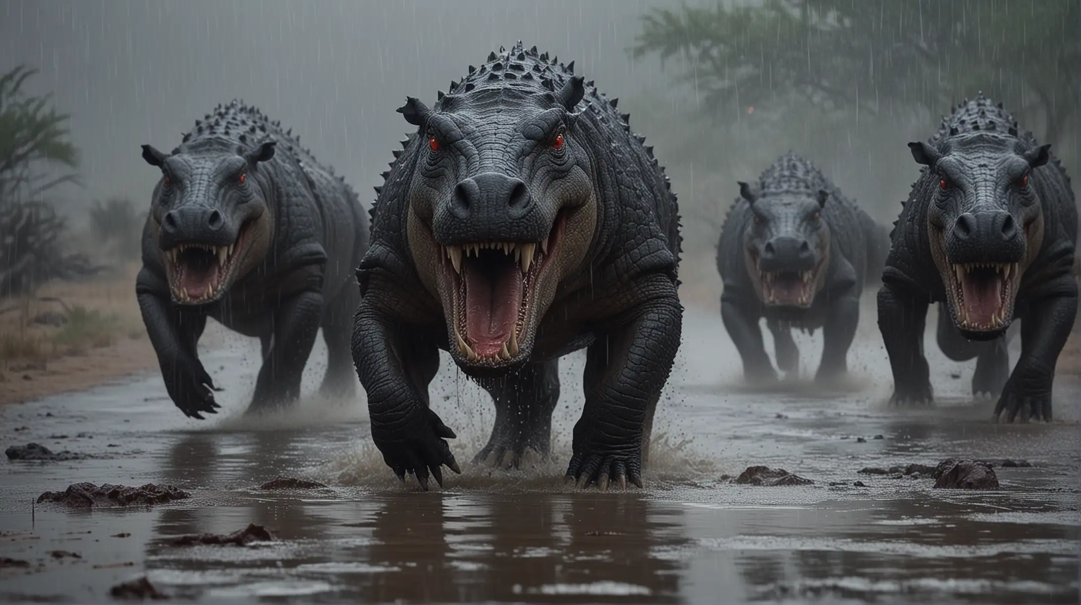 Cinematic. Desert, Rain, Night, Monster creatures running through puddles in torrential rainstorm, with horns on their head, spiked tails, claws on feet, crocodile snoot, mouths open showing crocodile teeth, red eyes, hippo-style body, light gray and dark gray mottled spots. .