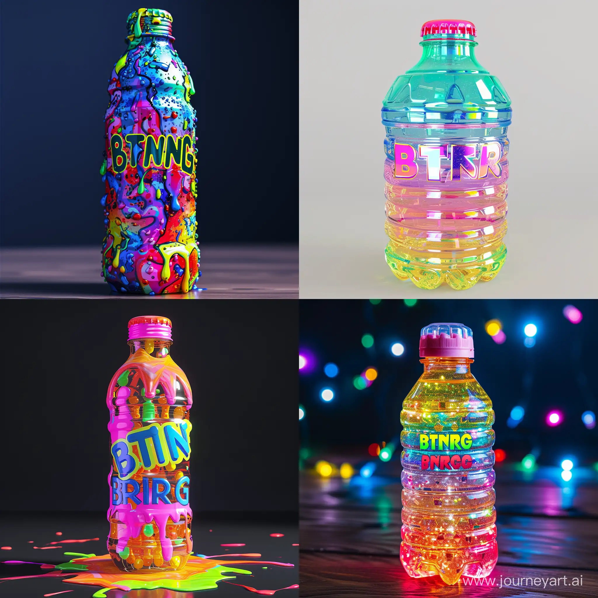 Make a plastic bottle, energy drink with a lot of different colors. Make it say BTNRGon the front