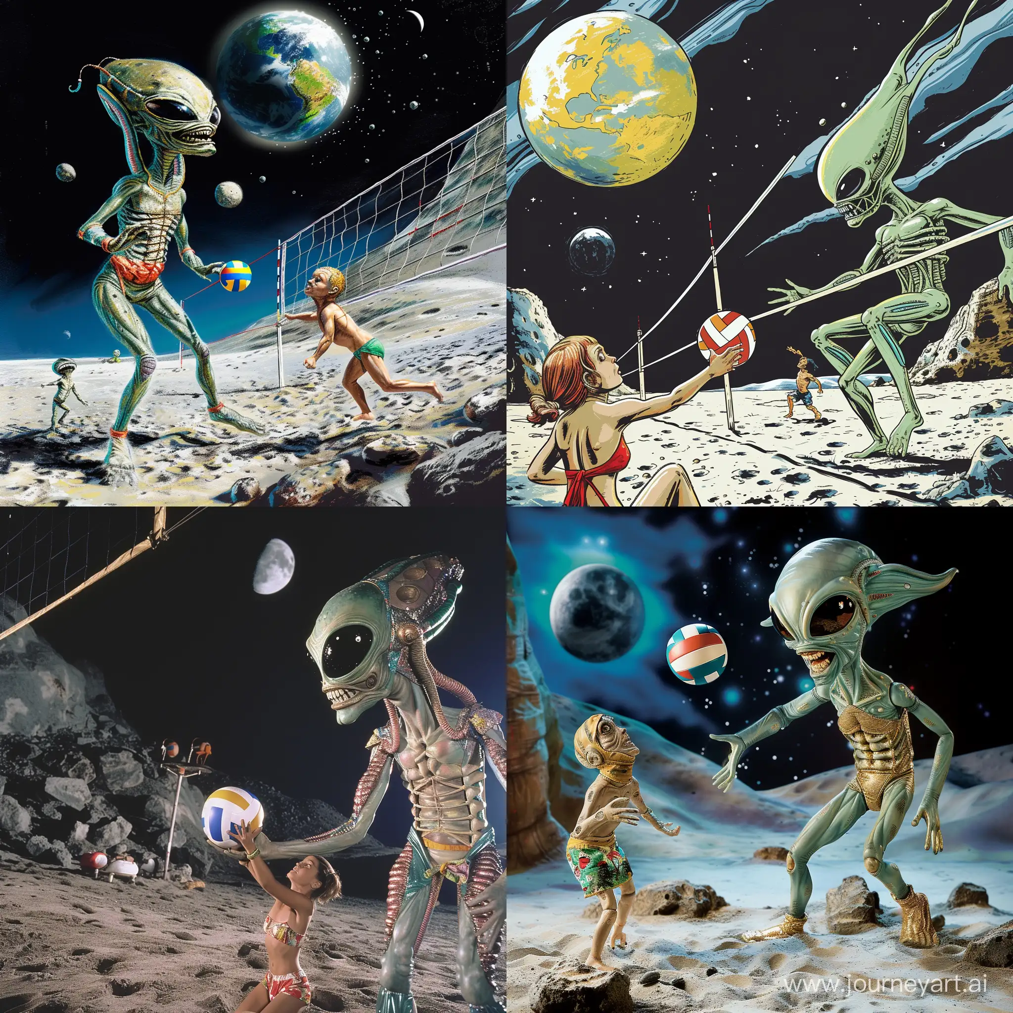 A big size alien, wearing beach coustom, they playing volleyball with earth, on moon beach 