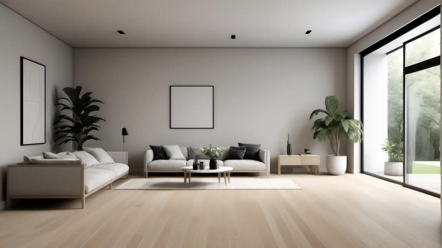 creat a hyper realistic living room with high walls, neutral colors, white washed oak wood flooring, no furniture, overall minimalistic design