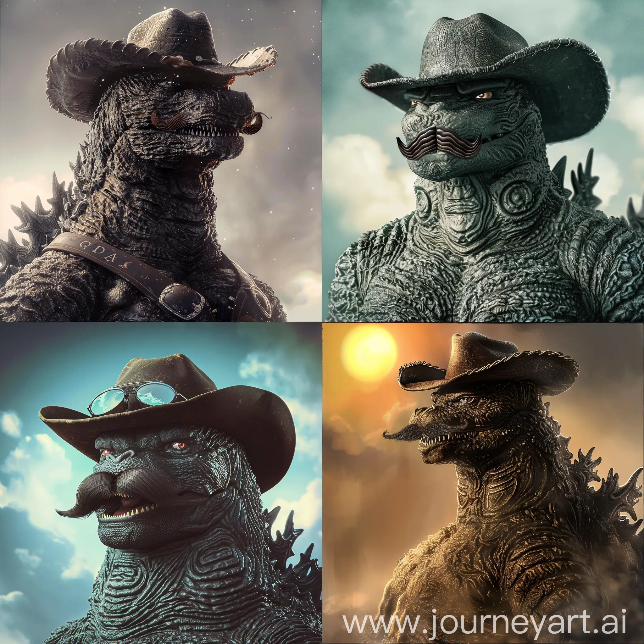 Godzilla with a cowboy hat and a mustache