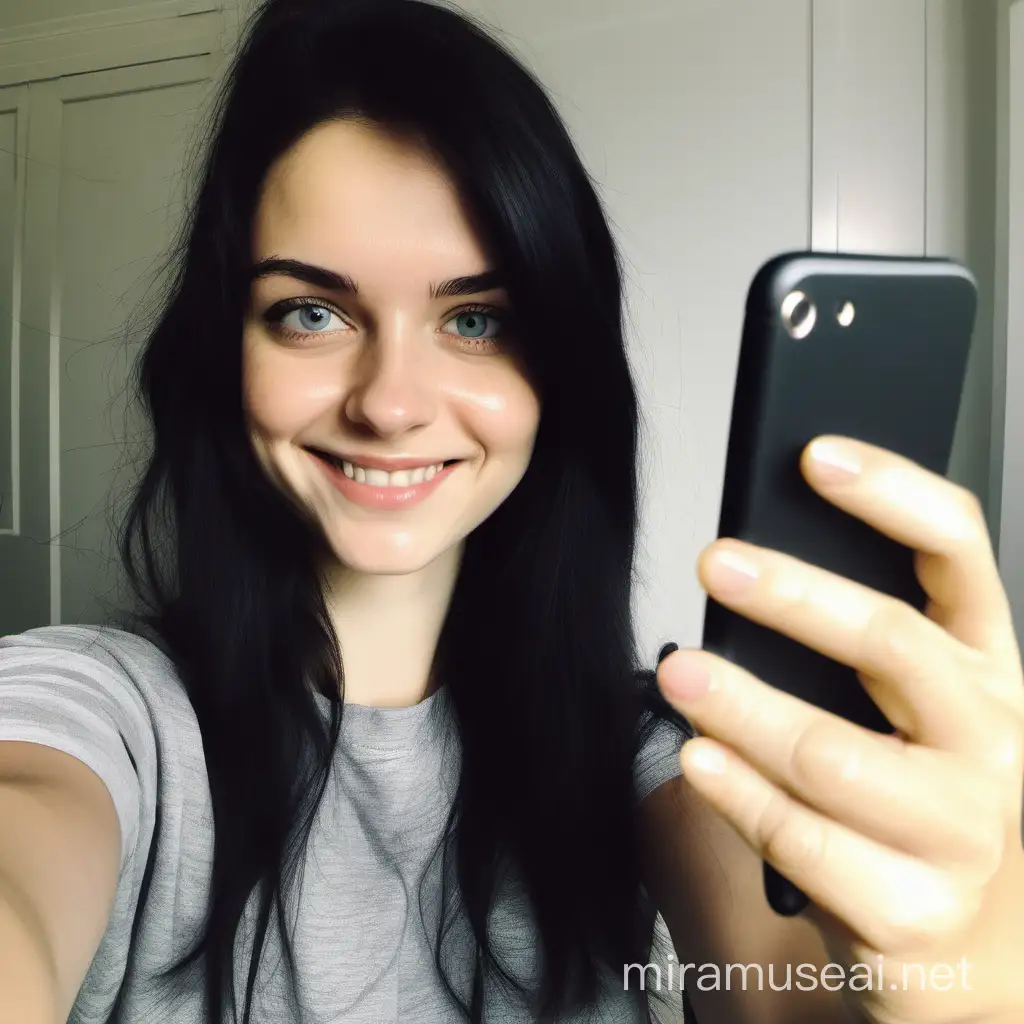 iPhone photo of a mid 20s girl taking a selfie. She has black hair and pretty grey eyes. She is smiling 