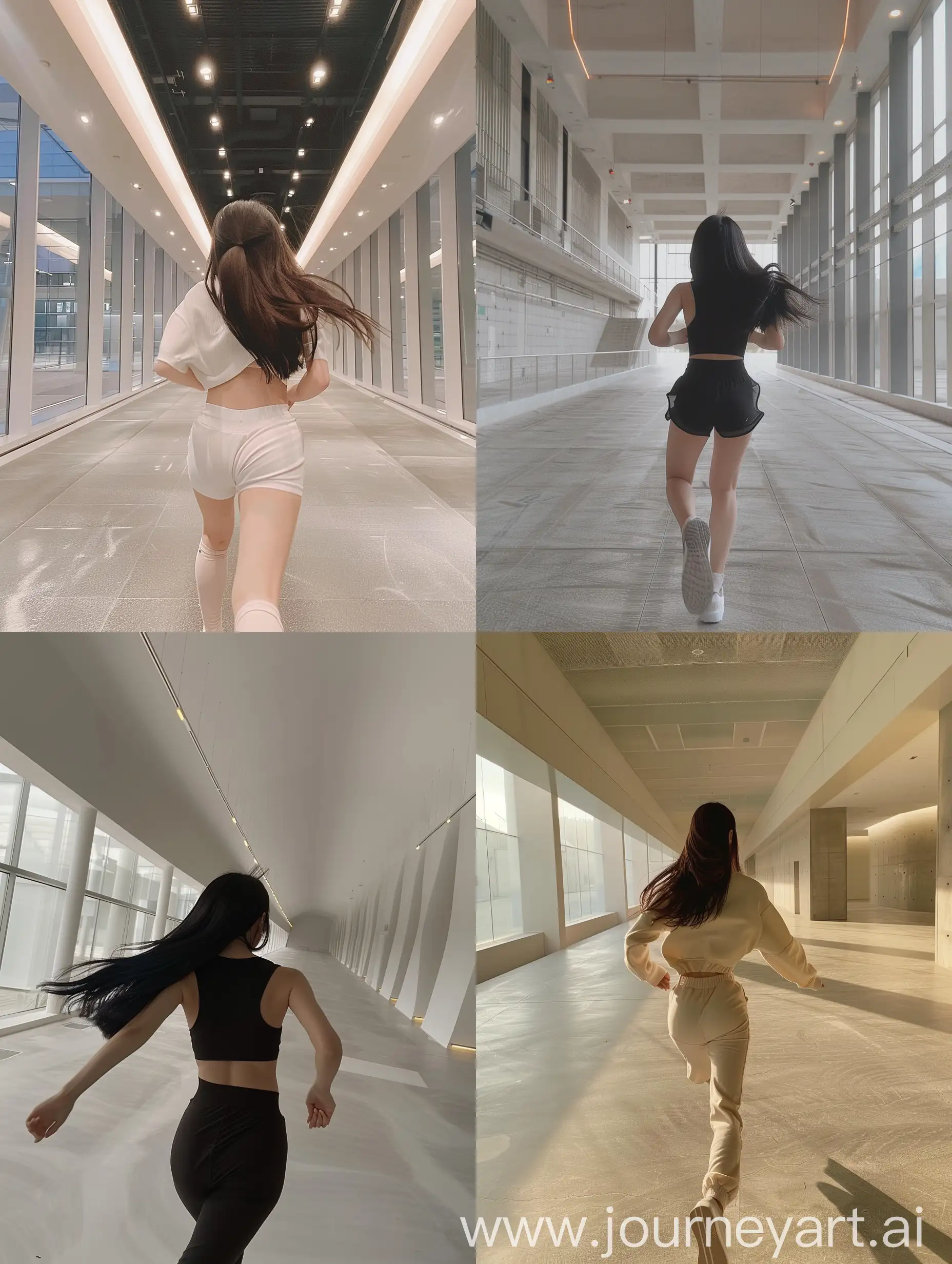 aestethic selfie, blackpink's jennie, running on a empty modern hall, back body, medium hair --ar 3:4