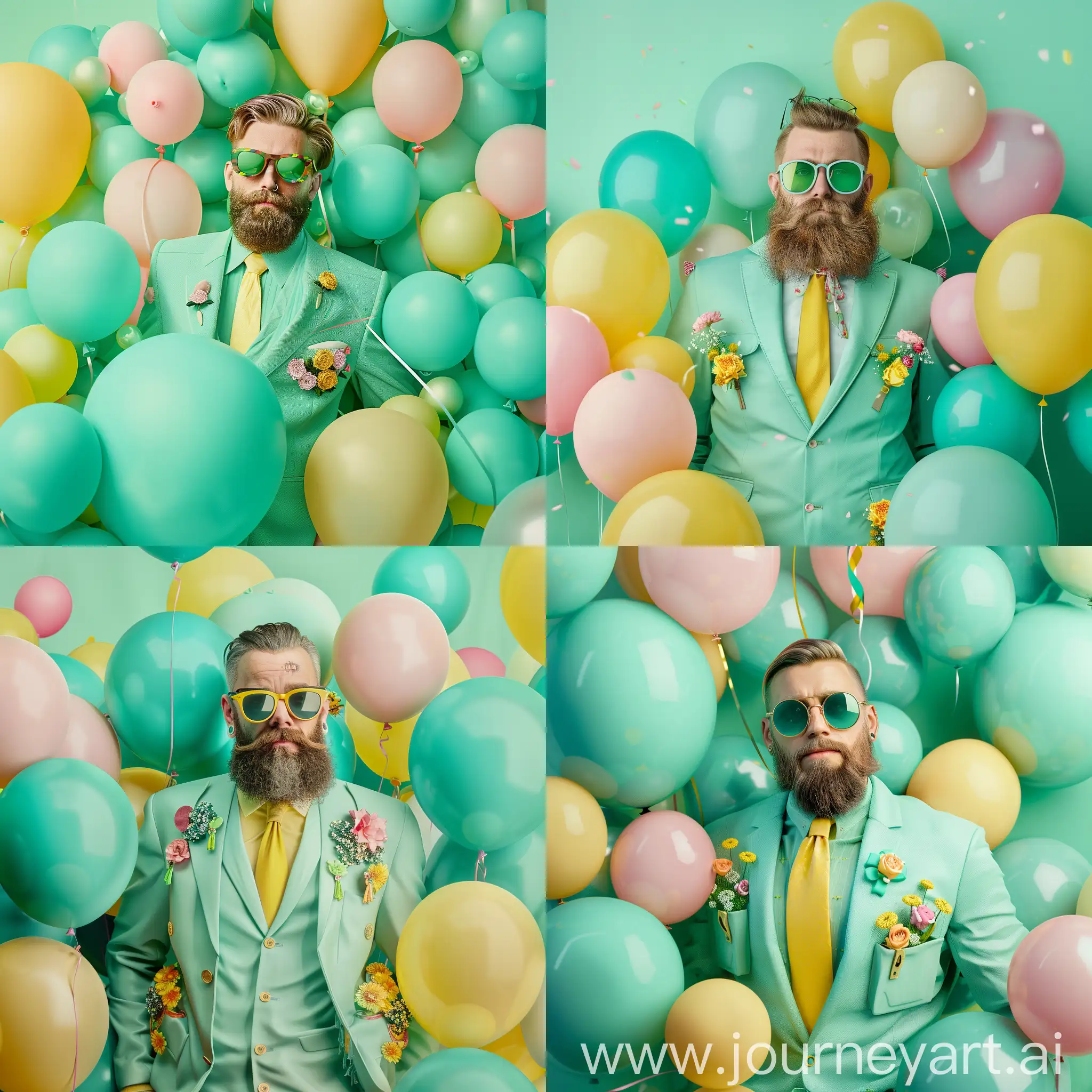 FESTIVE white male of russian descent with hipster beard in mint green party outfit with yellow tie, some flower decor on his jacket pockets in stylish suglasses surrounded by crazy amount of teal, pink and yellow balloons, on minimalistic mint green background, full body height, extremely photorealistic