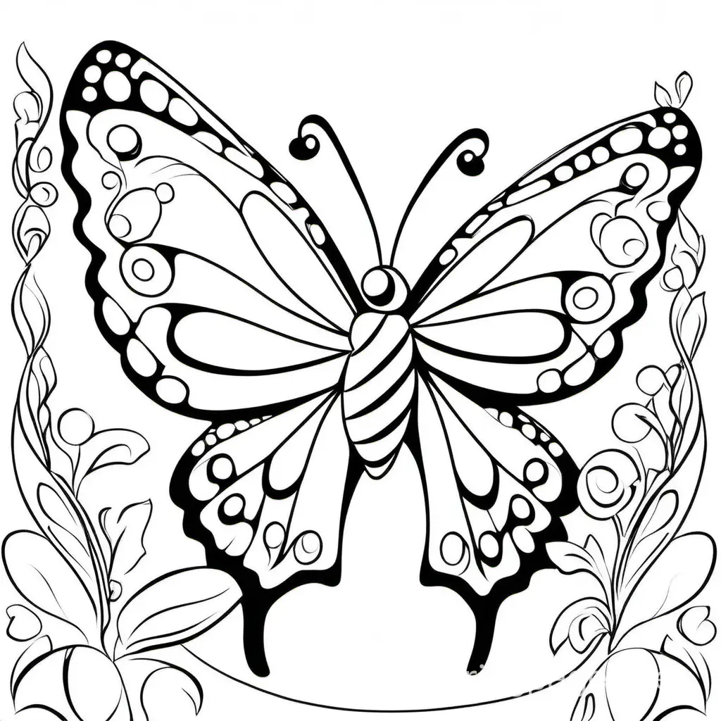 beautiful butterfly flying coloring pages, Coloring Page, black and white, line art, white background, Simplicity, Ample White Space. The background of the coloring page is plain white to make it easy for young children to color within the lines. The outlines of all the subjects are easy to distinguish, making it simple for kids to color without too much difficulty
