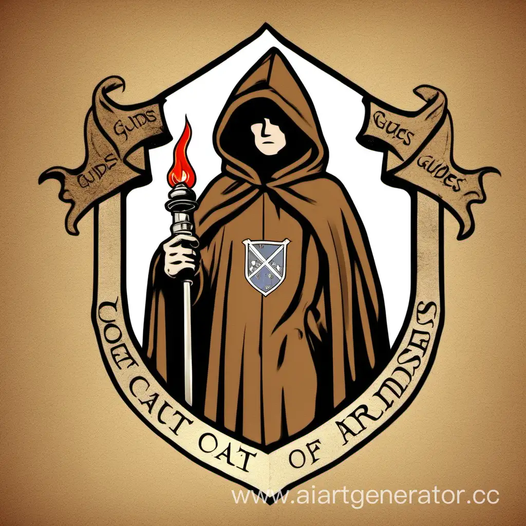 Герб человека в коричневом плаще с капюшоном с факелом в руках, снизу надпись "проводники"