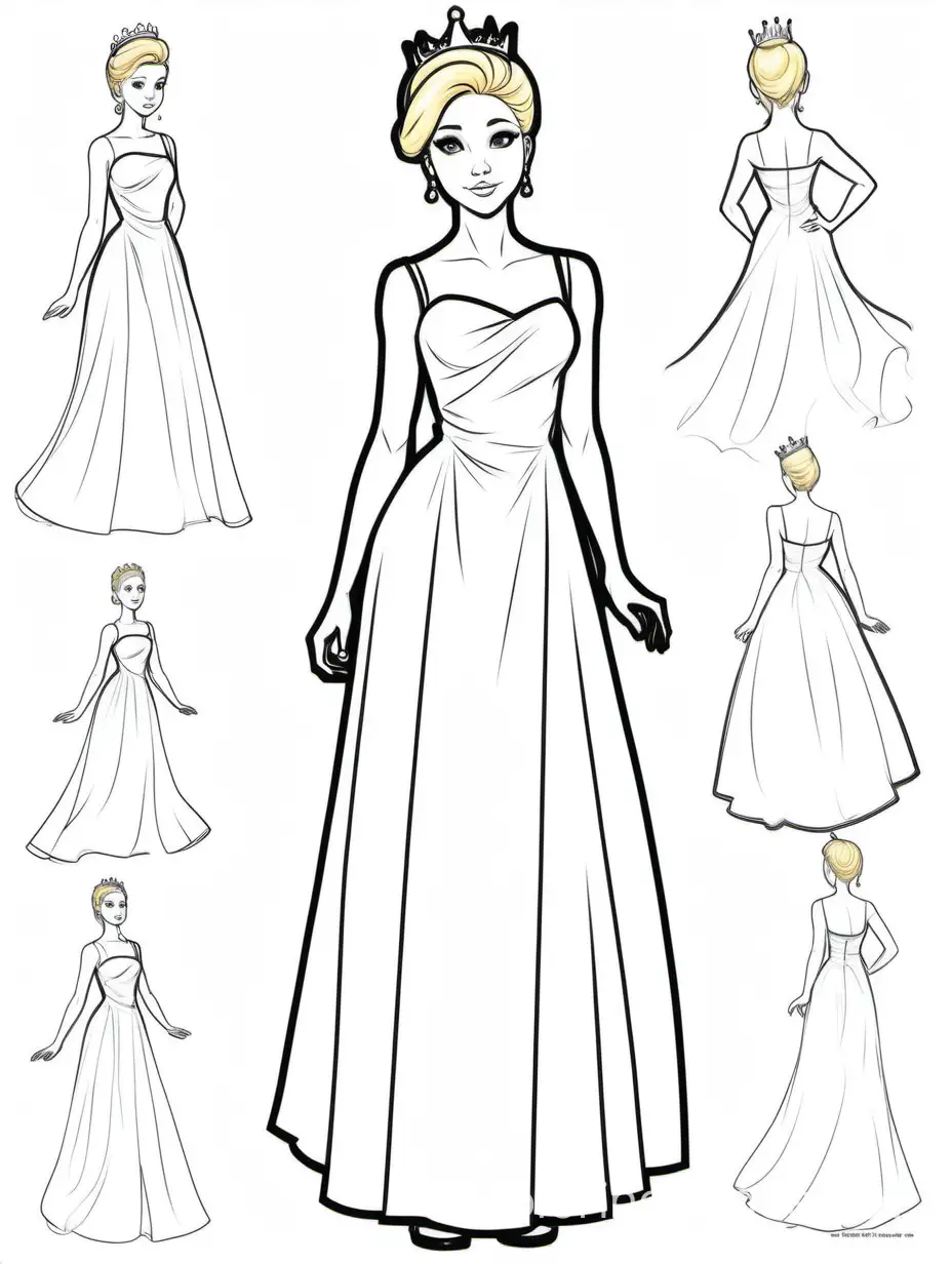 character study, PROM QUEEN, BLONDE hair, up do hair, PROM GOWN, multiple poses, full body, half body, quarter body, arms in poses, hair up and hair down, artist canvas, annotations, Coloring Page, black and white, line art, white background, Simplicity, Ample White Space. The background of the coloring page is plain white to make it easy for young children to color within the lines. The outlines of all the subjects are easy to distinguish, making it simple for kids to color without too much difficulty