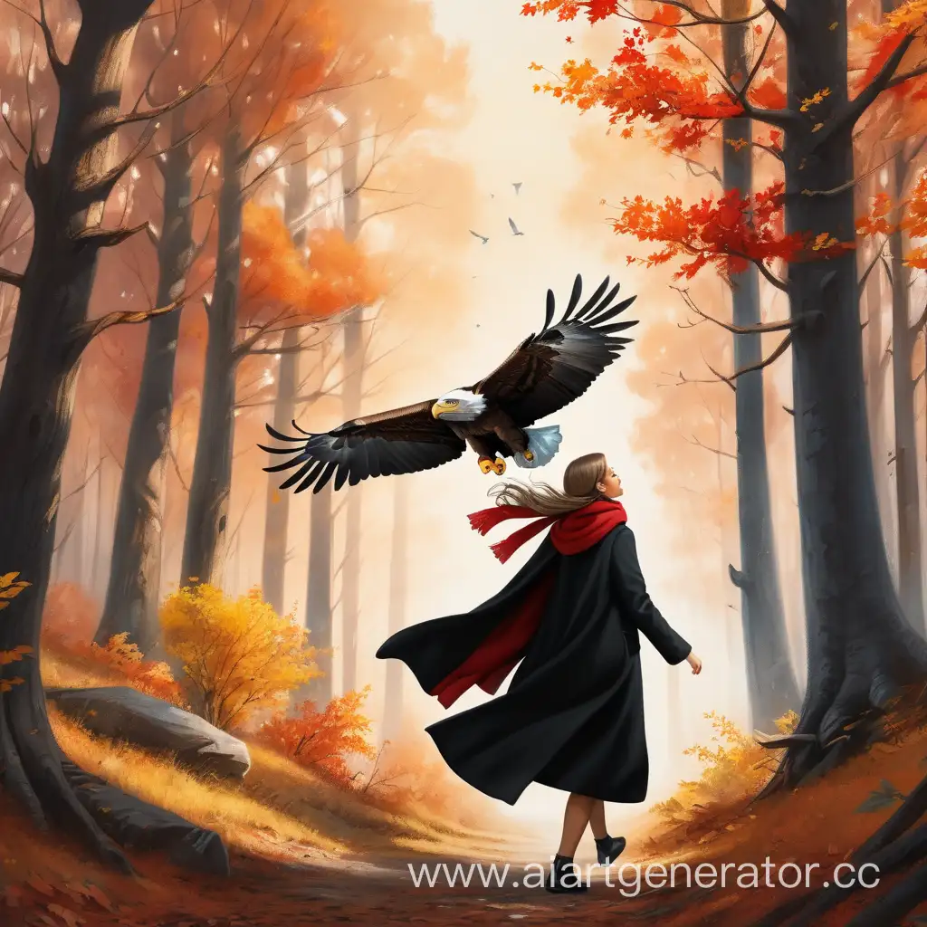 Девушка в черном пальто и красным шарфом идет по осеннему лесу, к ней подлетает орел. 