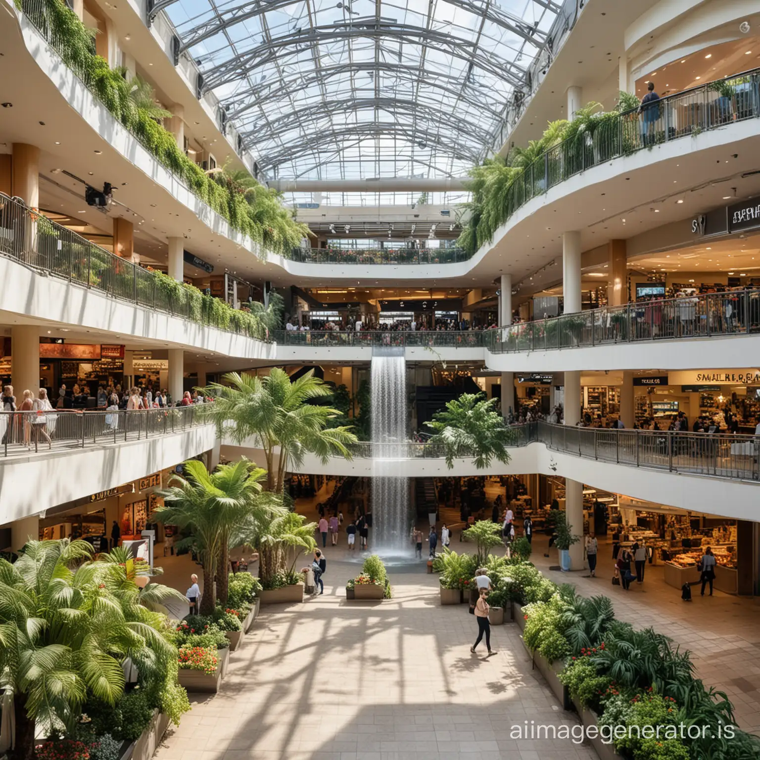 Stunning large panoramic view of a shopping center. Bright with two levels, many shops,. Small garden area, waterfall, sun shines in through front window, bustling with people shopping