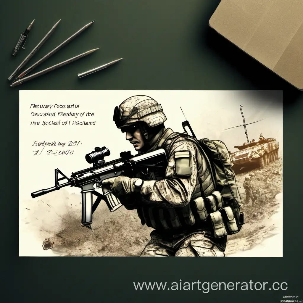нарисуй открытку к 23 февраля, посвящённую защитникам нашего отечества, особое внимание уделяяучастникам специальной военной операции