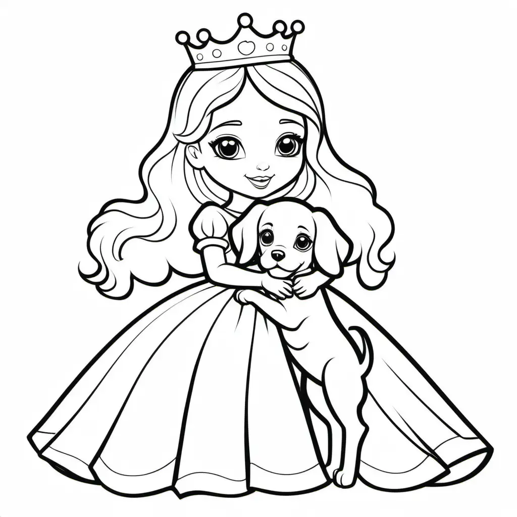 extremely simple. coloring pages for kids. young princess with puppy , no background, thick black lines, no shading--9:16--vr5