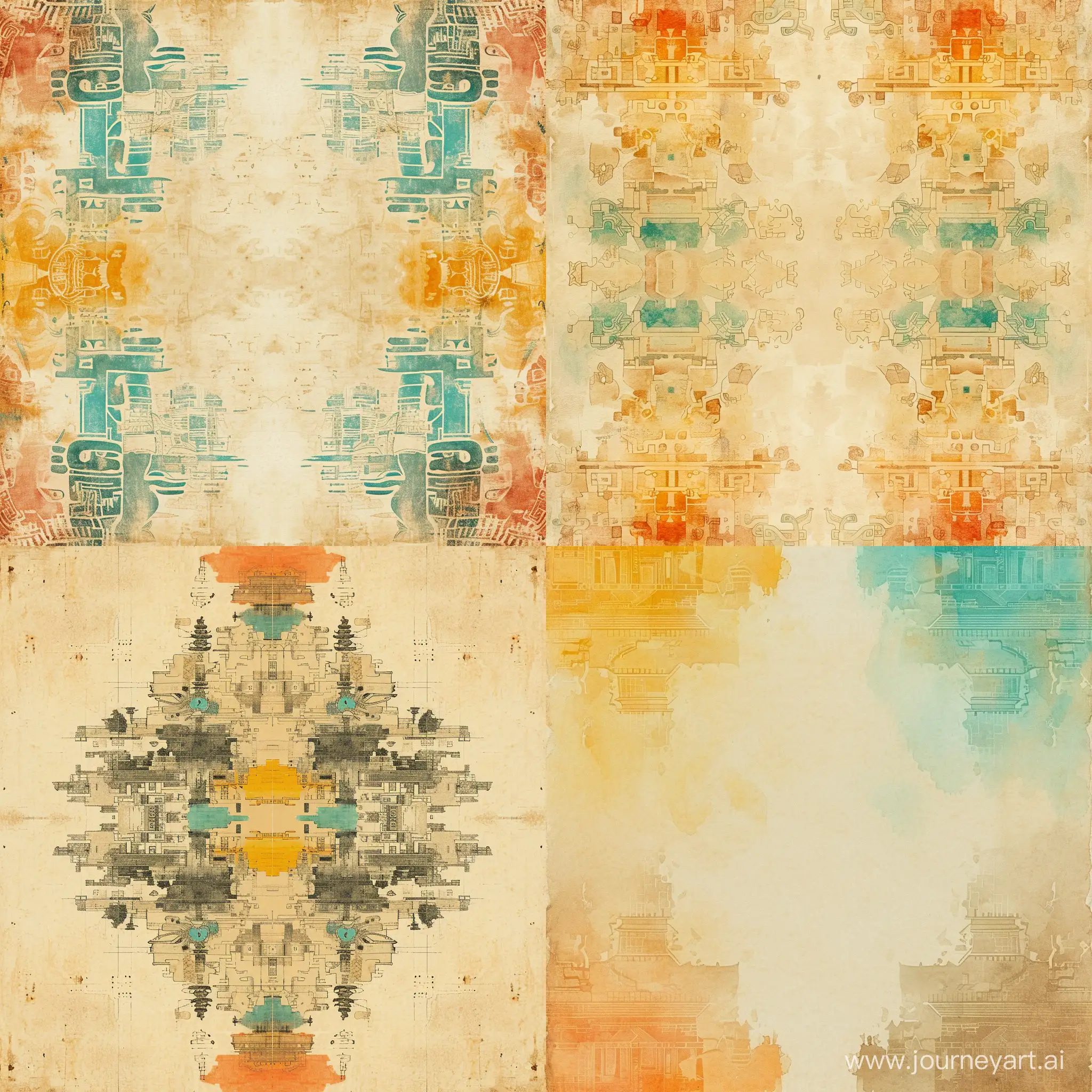 Symmetrical texture of antique paper, barely noticeable elements of ancient Chinese, Aztec, Roman cities, stylized caricature, watercolor, decorative, pure colors, beige, yellow orange, turquoise, brown,flat drawing