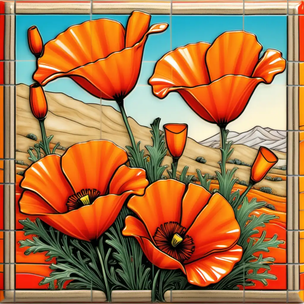 Vibrant California Poppies in a Beautiful Tile Mosaic