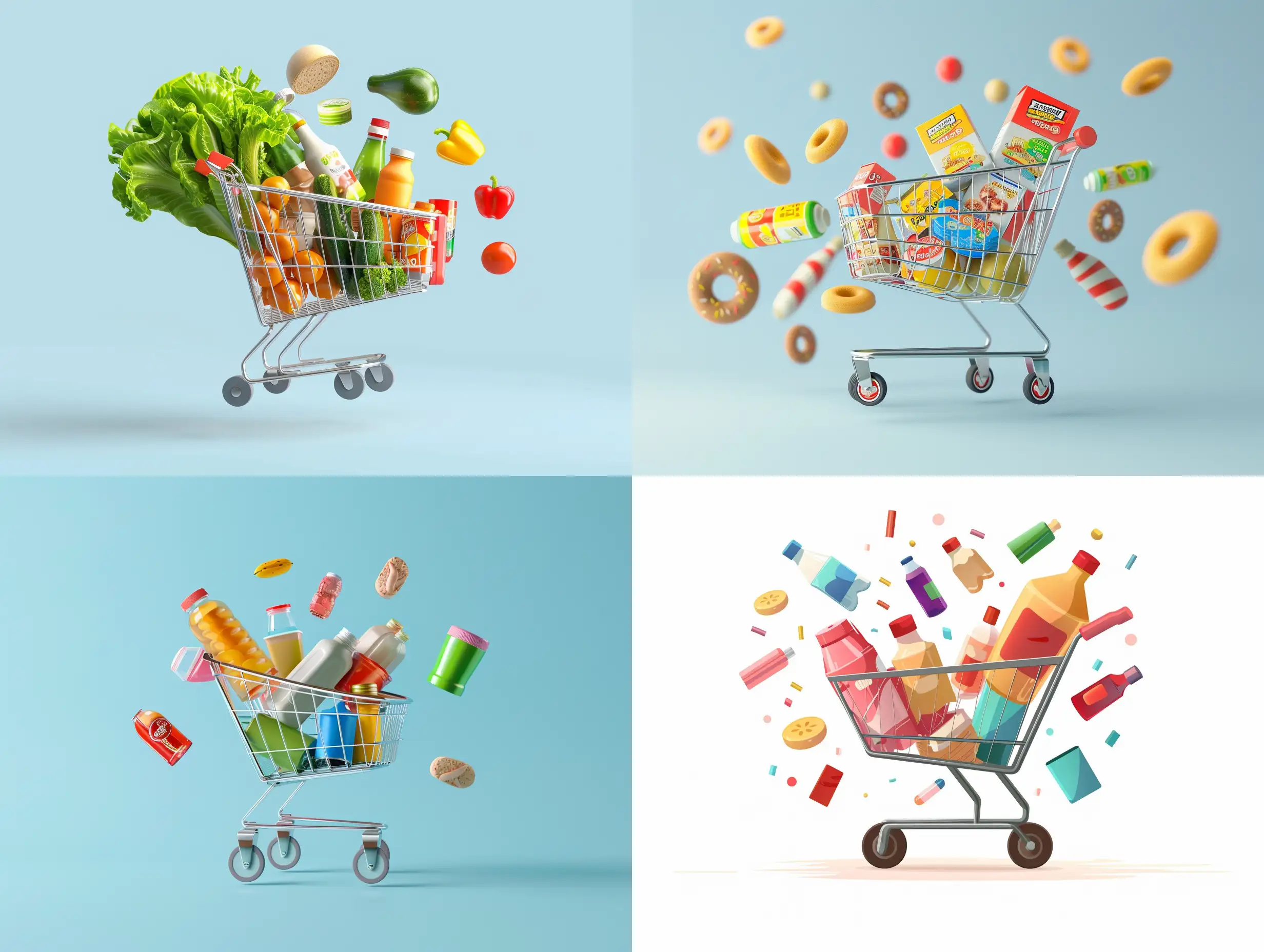 Grocery cart with a bunch of different products in it and hovering around it isolated on a flat background, realistic style.