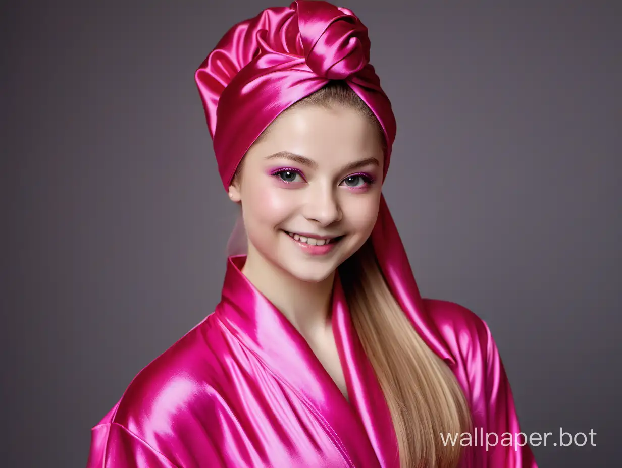 Angelically smiling Yulia Lipnitskaya with long straight silky hair in Fuchsia Pink Silk Robe and pink silk Towel Turban