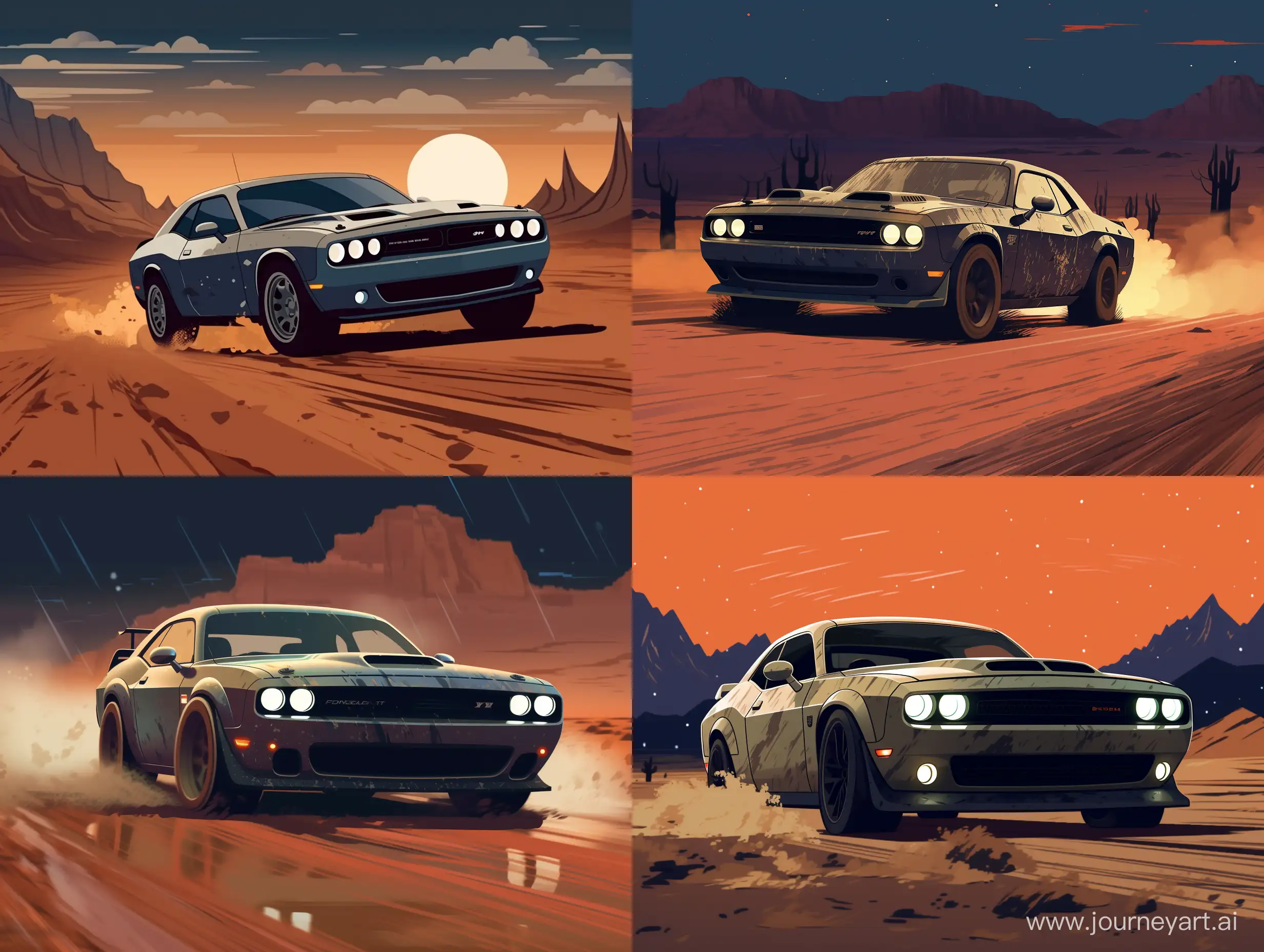 GhibliInspired-Dodge-Challenger-Drifts-Through-Rainy-Desert-Night