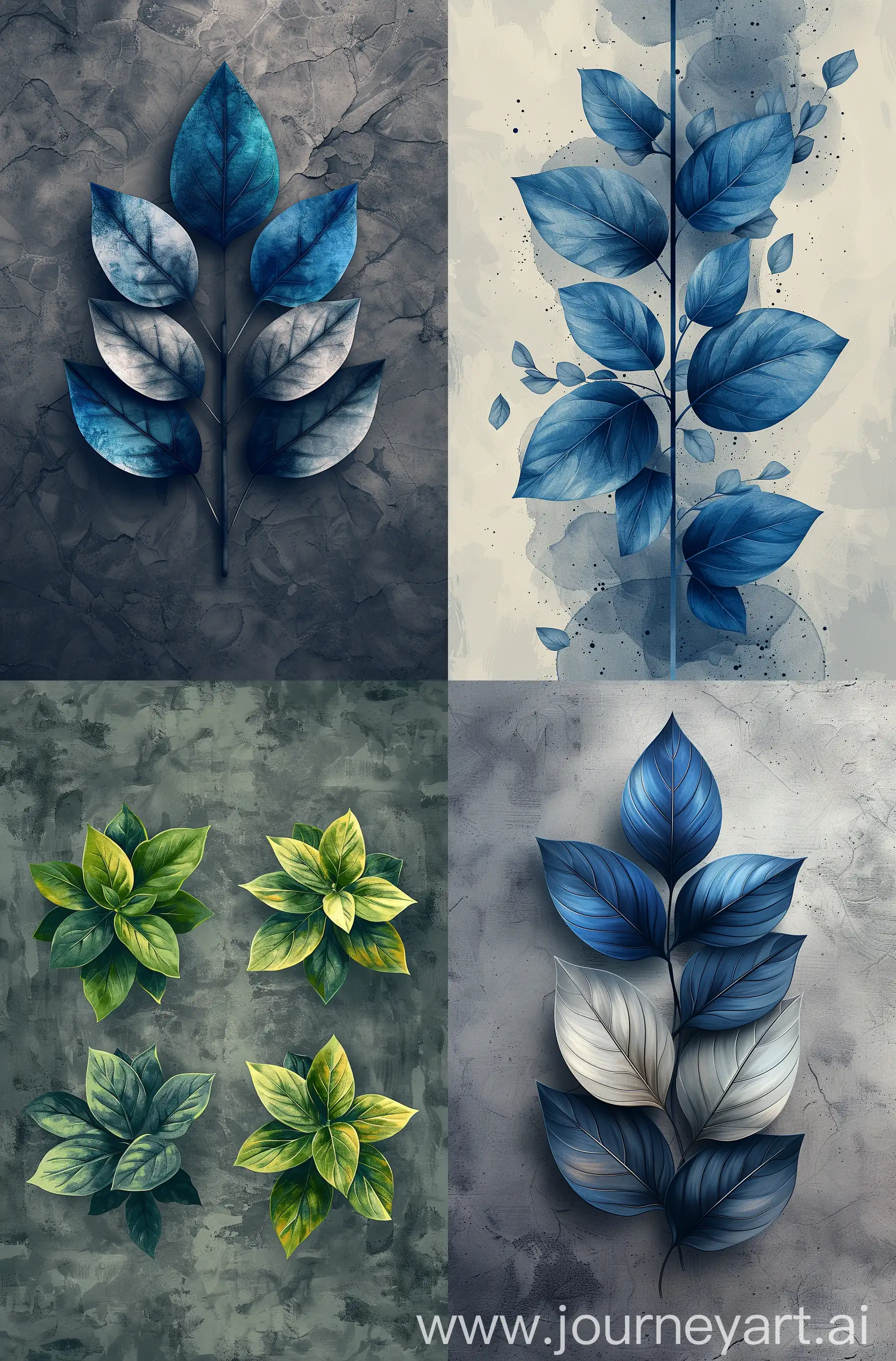 Design a logo with four different leaves of ornamental plants on a grayscale background print collag, in the style of josef kote, grunge beauty, dain yoon, cyan and blue, highly detailed realism, multi-layered compositions, antonio mancini --ar 73:111 --stylize 750 --v 6