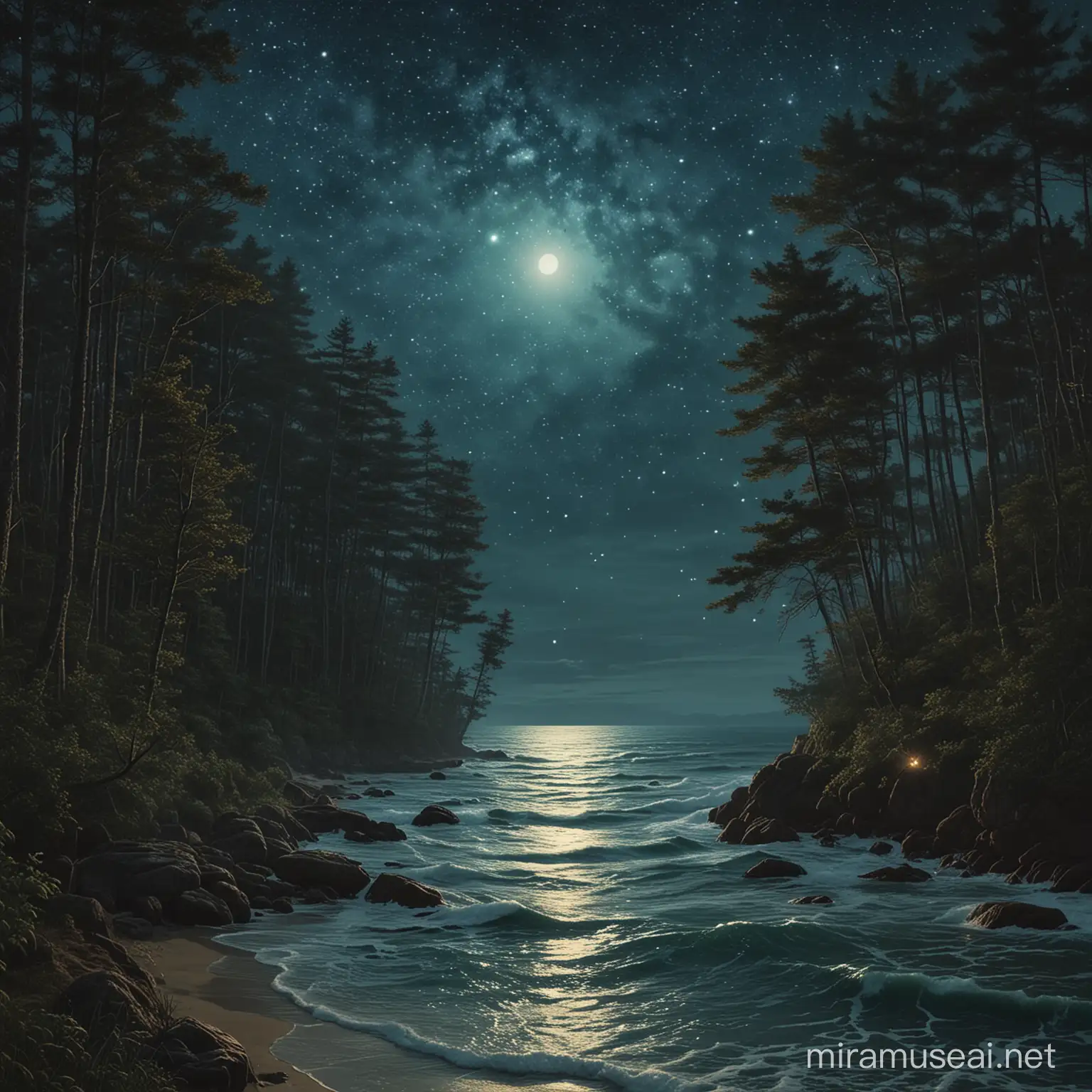 Starry Night Seven Celestial Lights Amidst Forest and Ocean