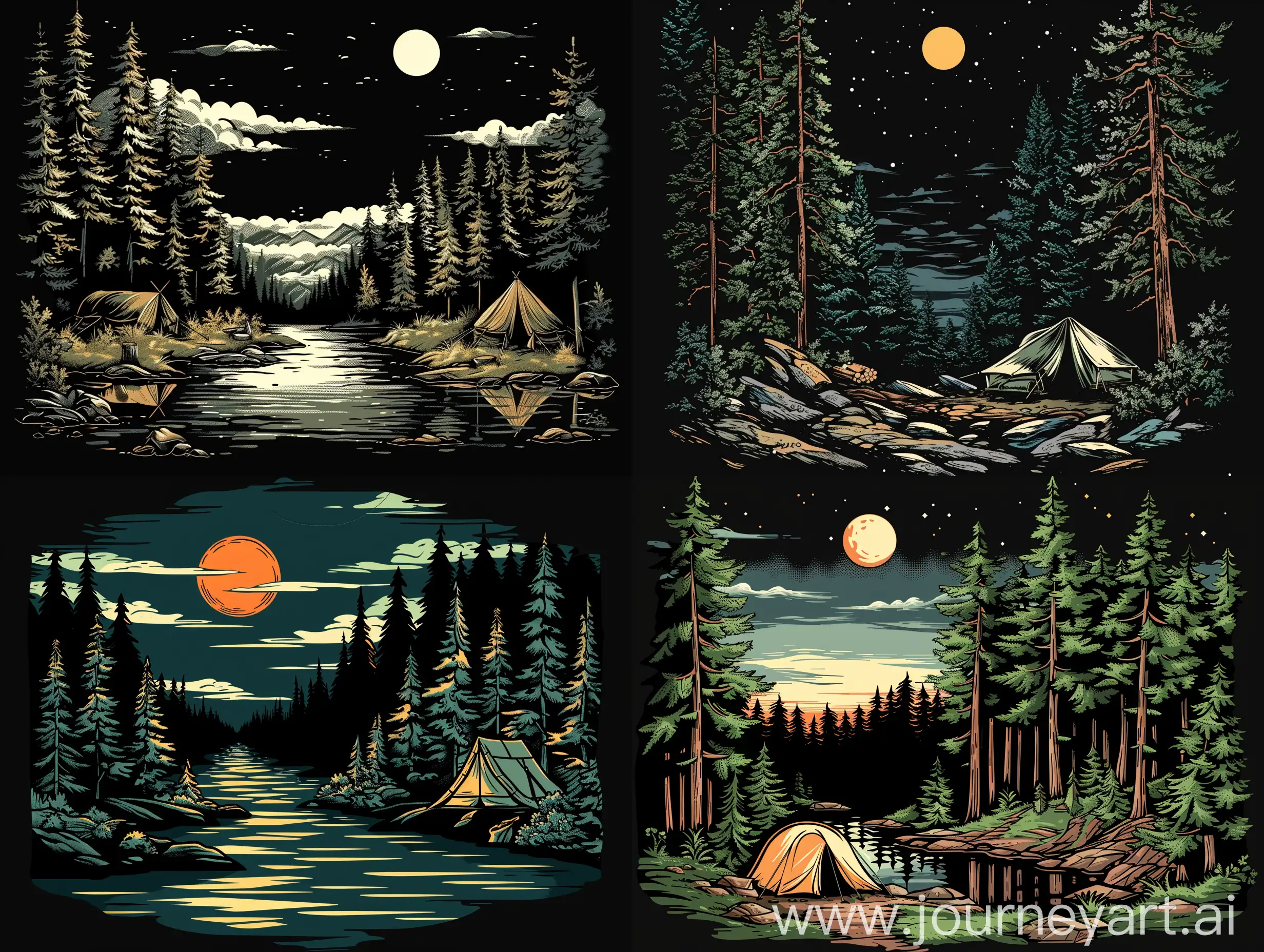 Enchanting-Forest-Camp-on-Stylish-Black-Background-Vector-TShirt