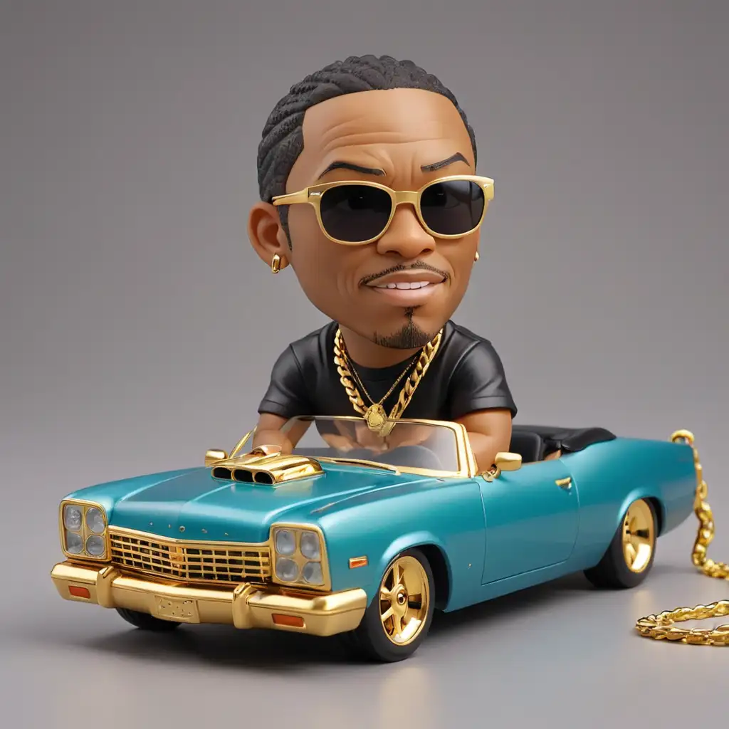 Kawaii Style Dr Dre Figurine in Low Rider Car with Gold Chain and Sunglasses