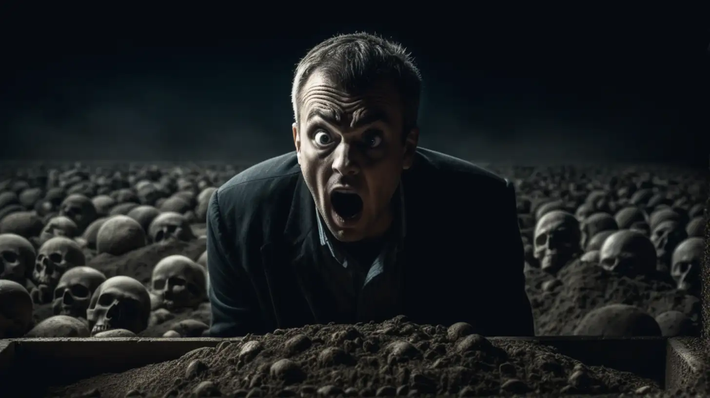 shocked man in darkness buried in dirt watching hundred graves