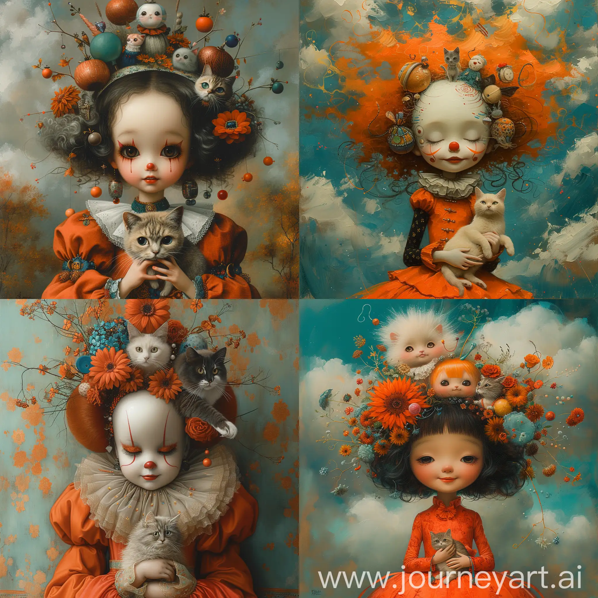 Wide-Angle Shot,  a stunning china clown doll with a head full of surreal  things,  a cute dress, holding a cat in her arms, surreal background, matte, fine oil painting, contemporary, bright colours,  orange and cyan, --stop 95 --stylize 650
