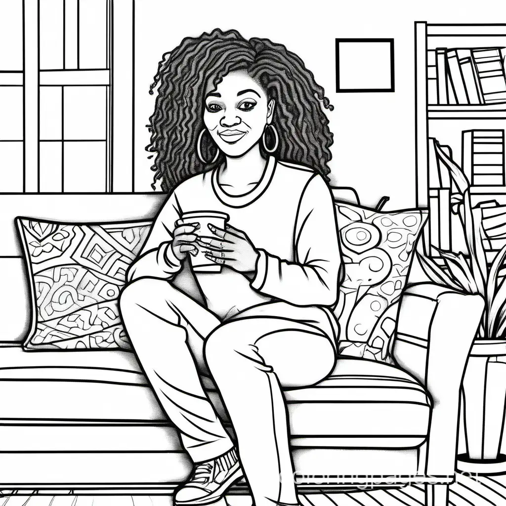 Black-Woman-Relaxing-with-Coffee-Coloring-Page-for-Stress-Relief