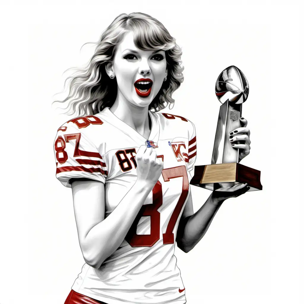 a drawing of an excited taylor swift with red lipstick, holding the Vince Lombardi Trophy, wearing number 87 kansas city football jersey