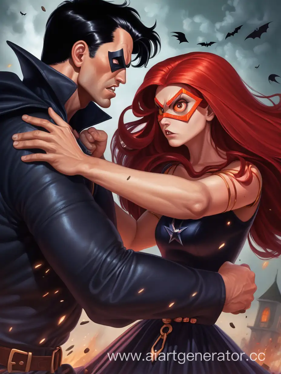 BlackHaired-Superhero-Battles-RedHaired-Witch