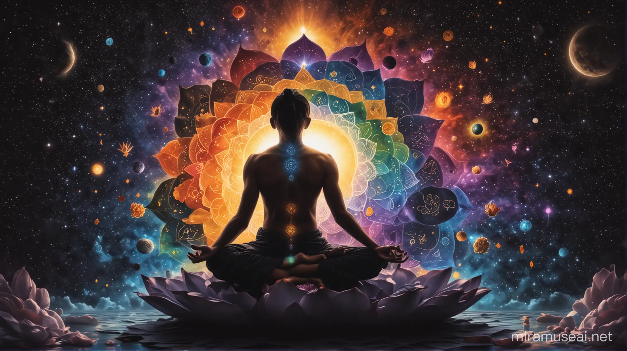 Meditating Person Surrounded by 7 Chakra Signs on Lotus Flower with Cosmic Background