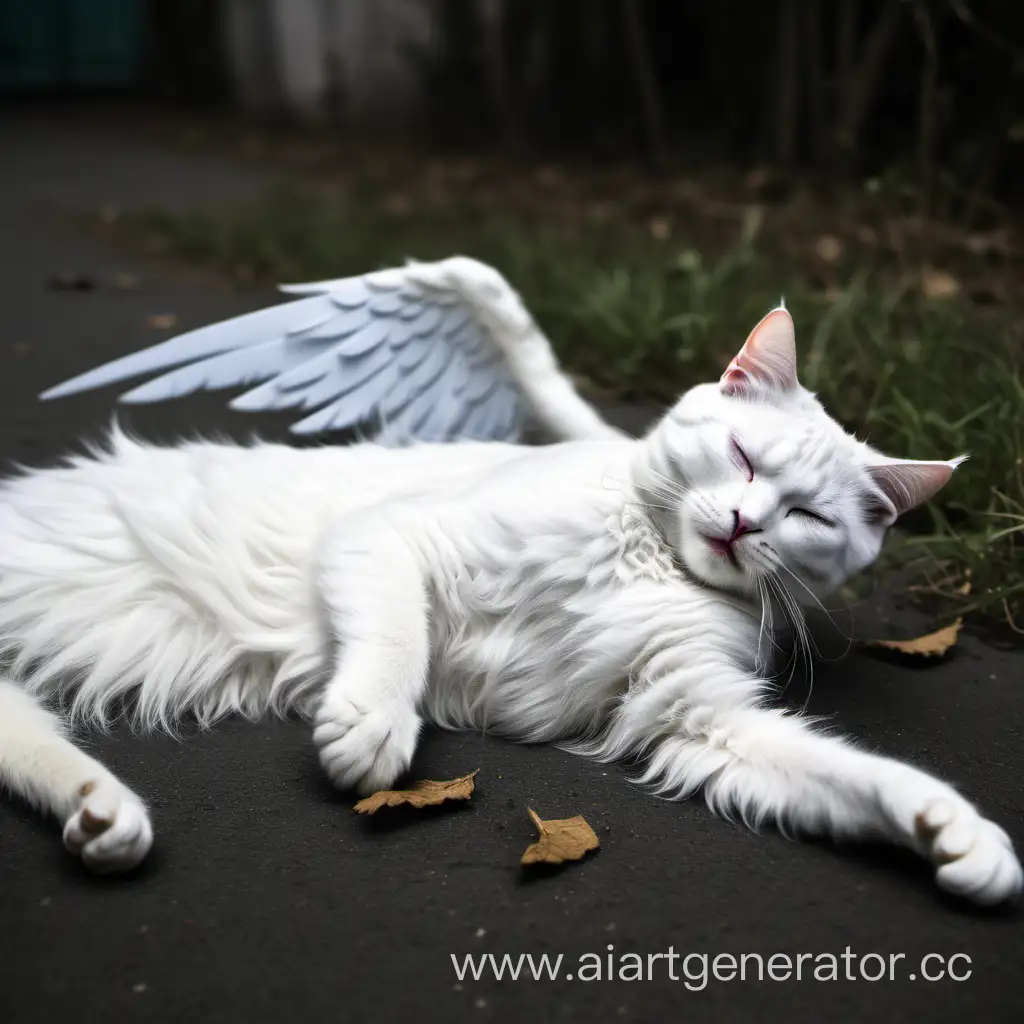 Scary white cat with wings is died and lying on the ground with closed eyes