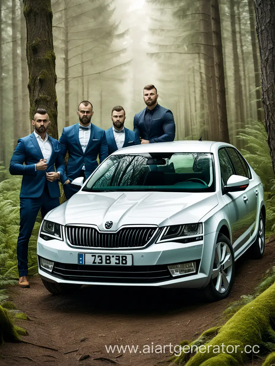 skoda octavia в лесу с трема мускулистыми мужиками